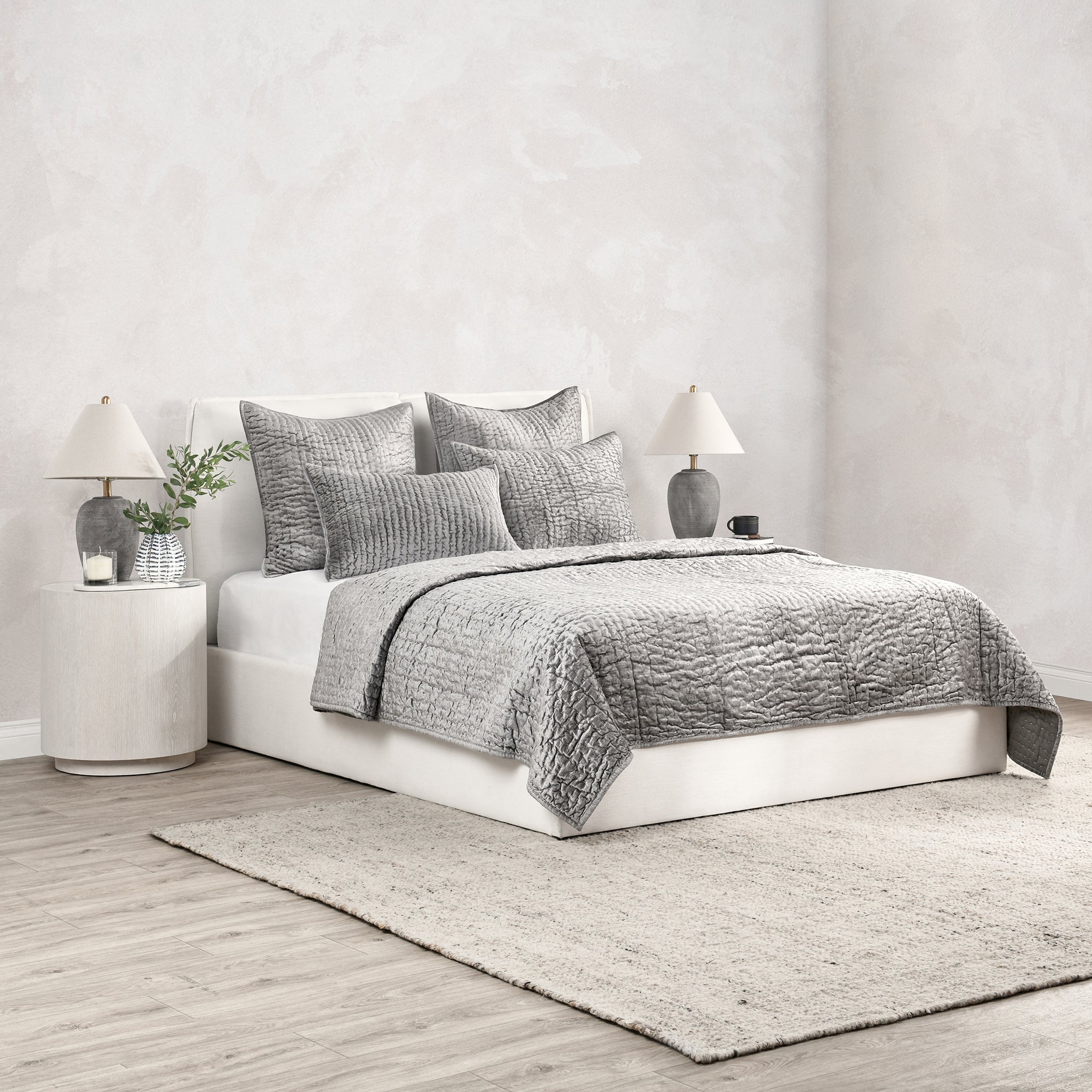 Bari Velvet Quilt Collection - Gray - King / Set