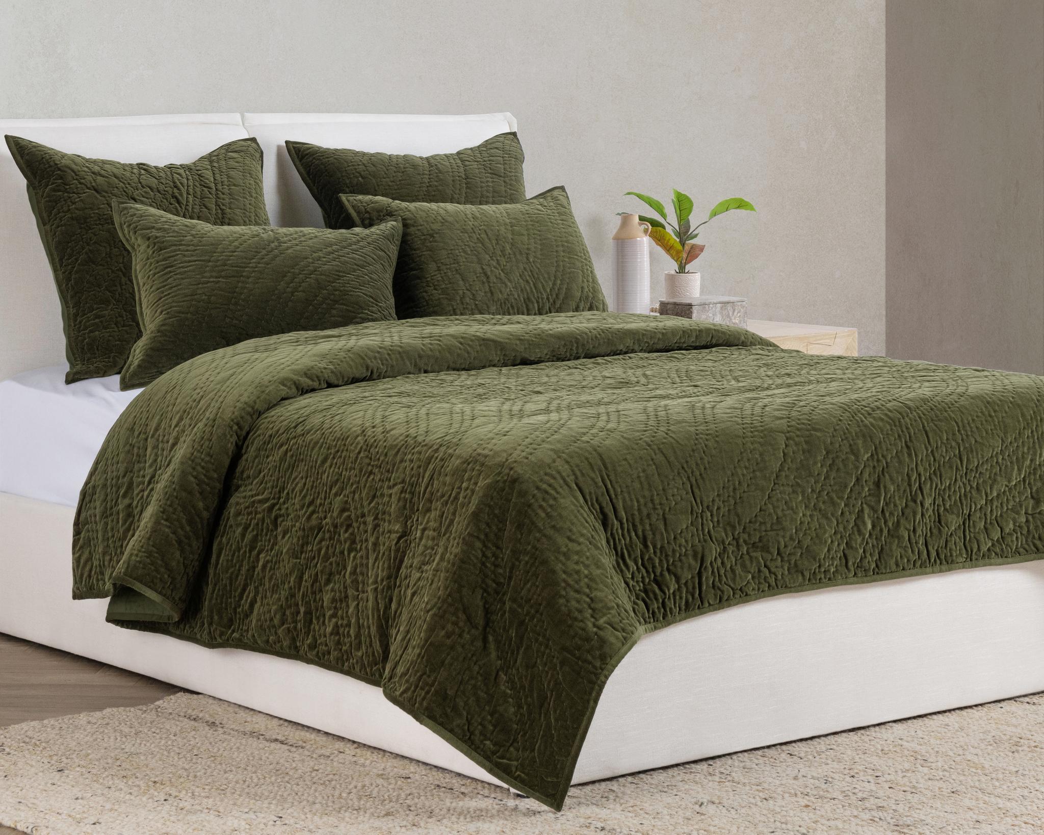 Elms Velvet Quilt Collection - Loden Green - King / Set