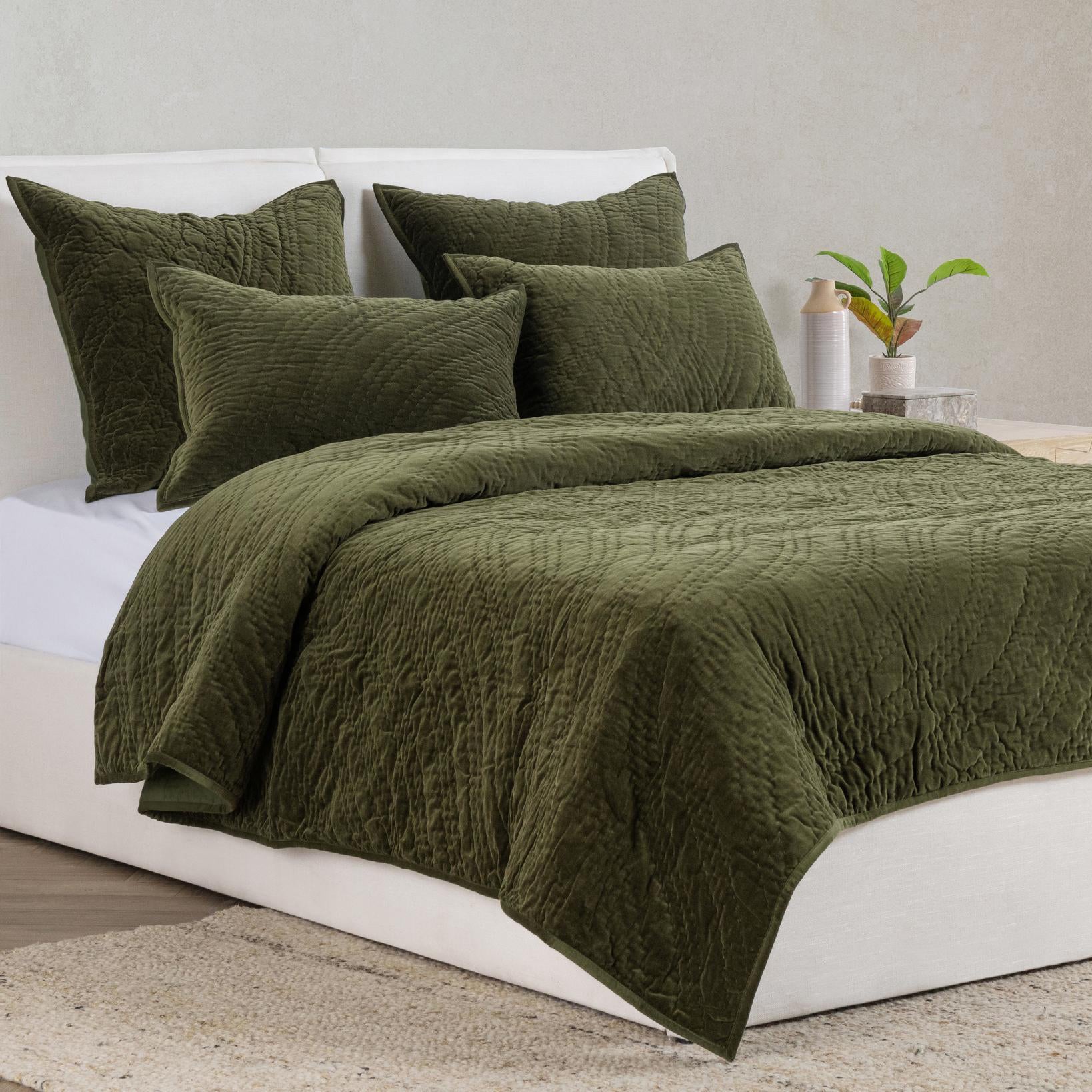 Elms Velvet Quilt Collection - Loden Green - King / Set