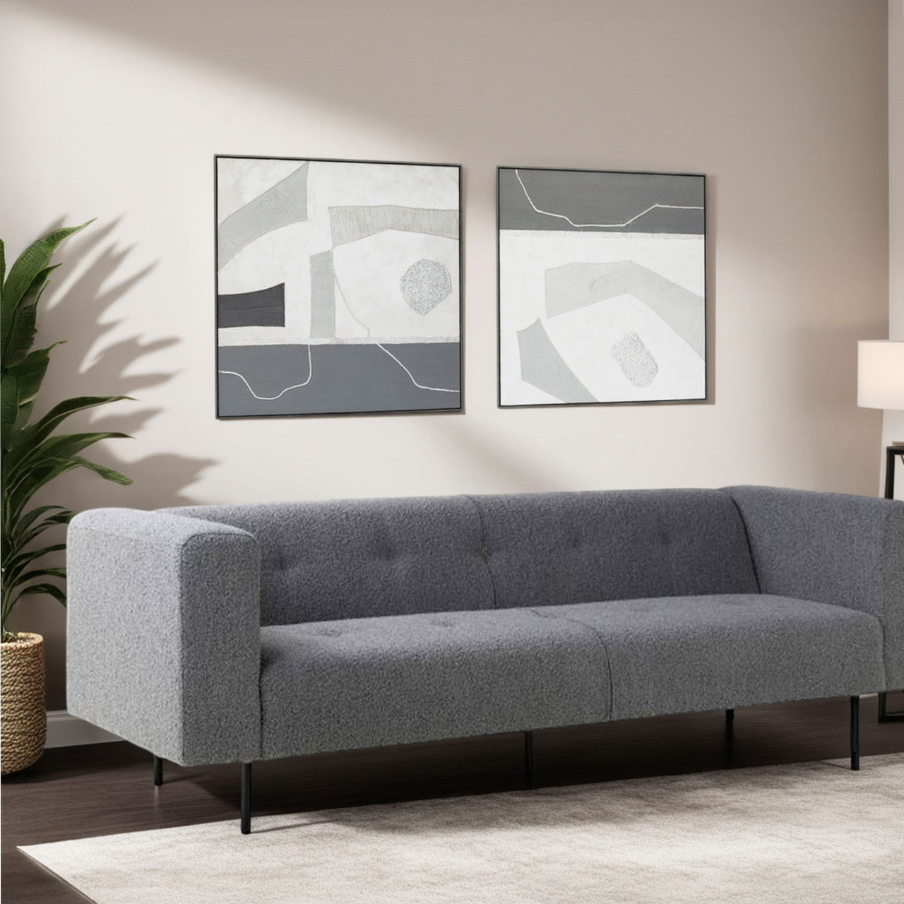 Maison Oscar 94" Tufted Sofa in Dark Grey Boucle