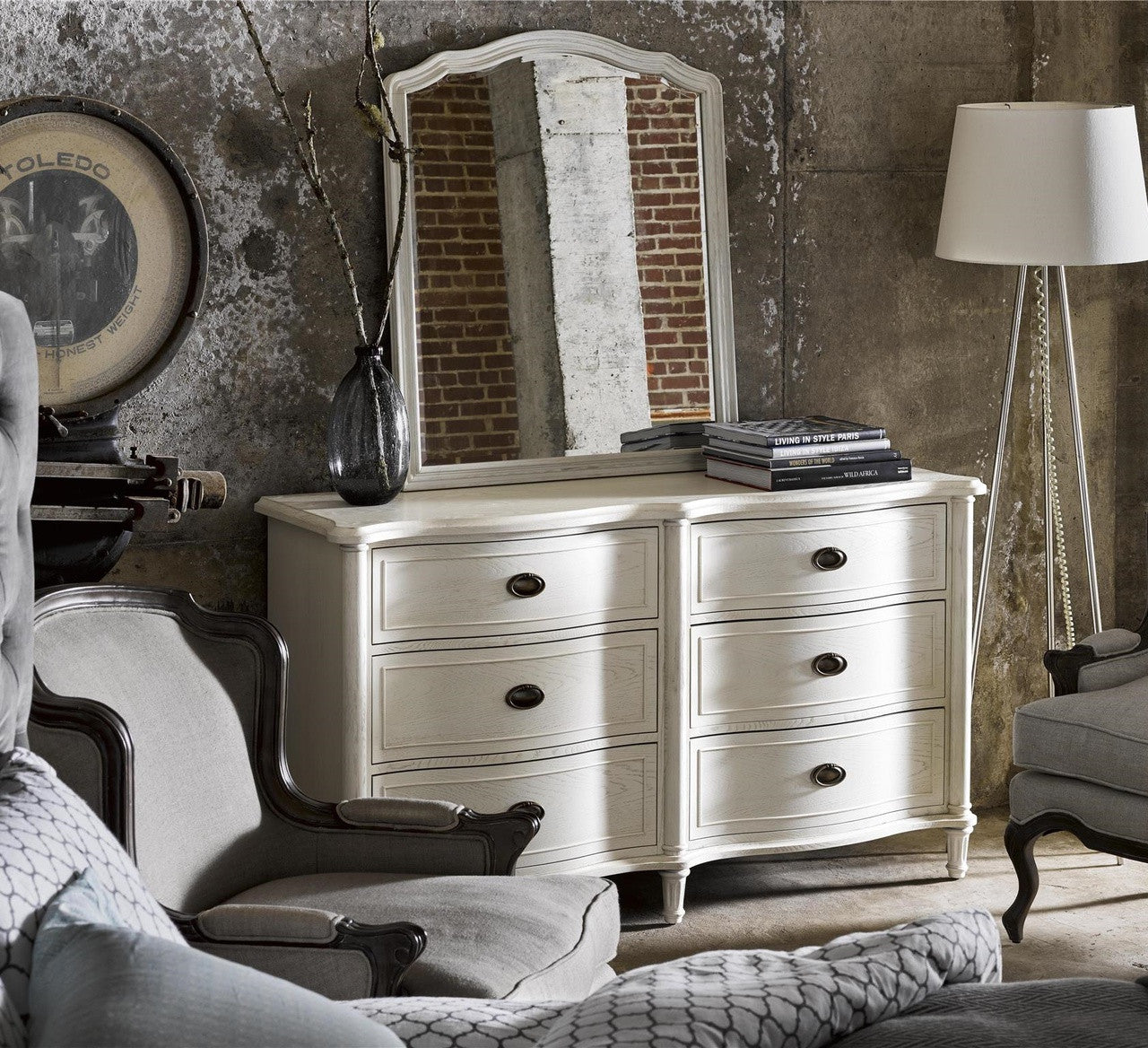 Amity French Oak Wood White Dresser with Mirror