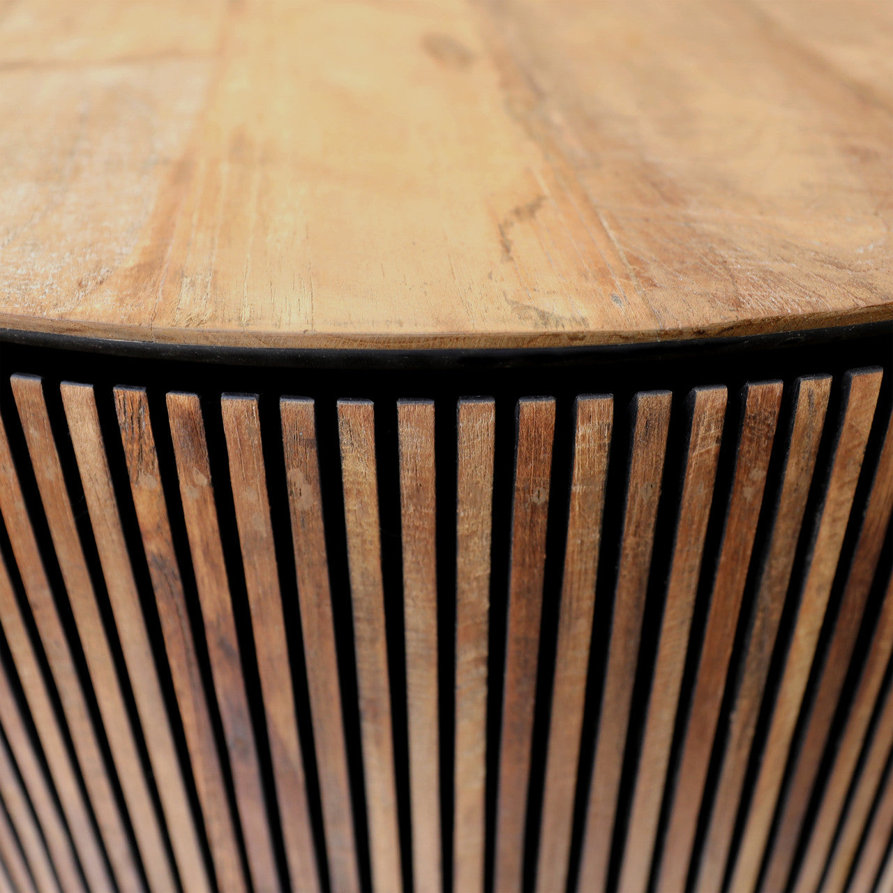 Kholman 39.5" Round Natural Teak Wood and Black Iron Coffee Table