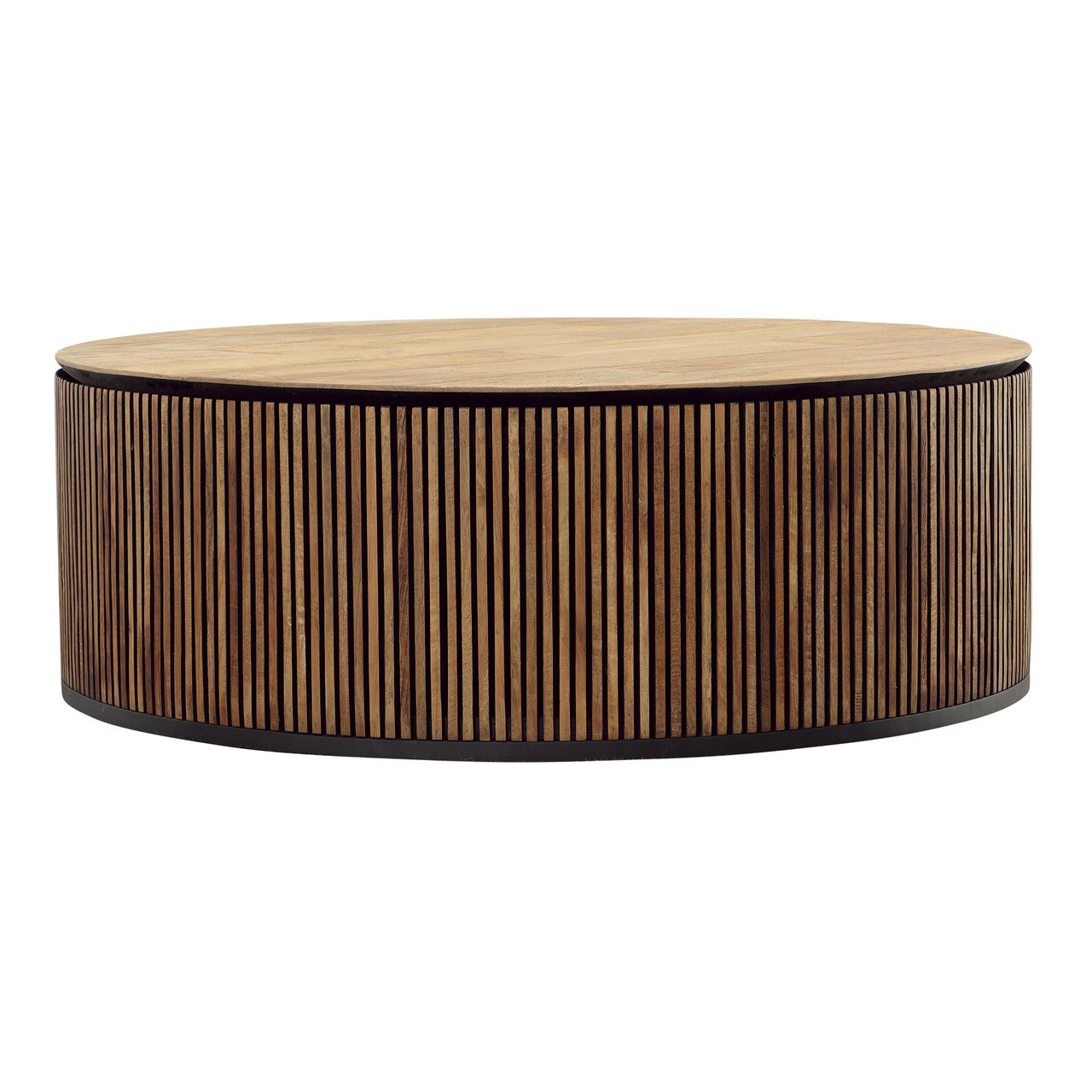 Kholman 39.5" Round Natural Teak Wood and Black Iron Coffee Table