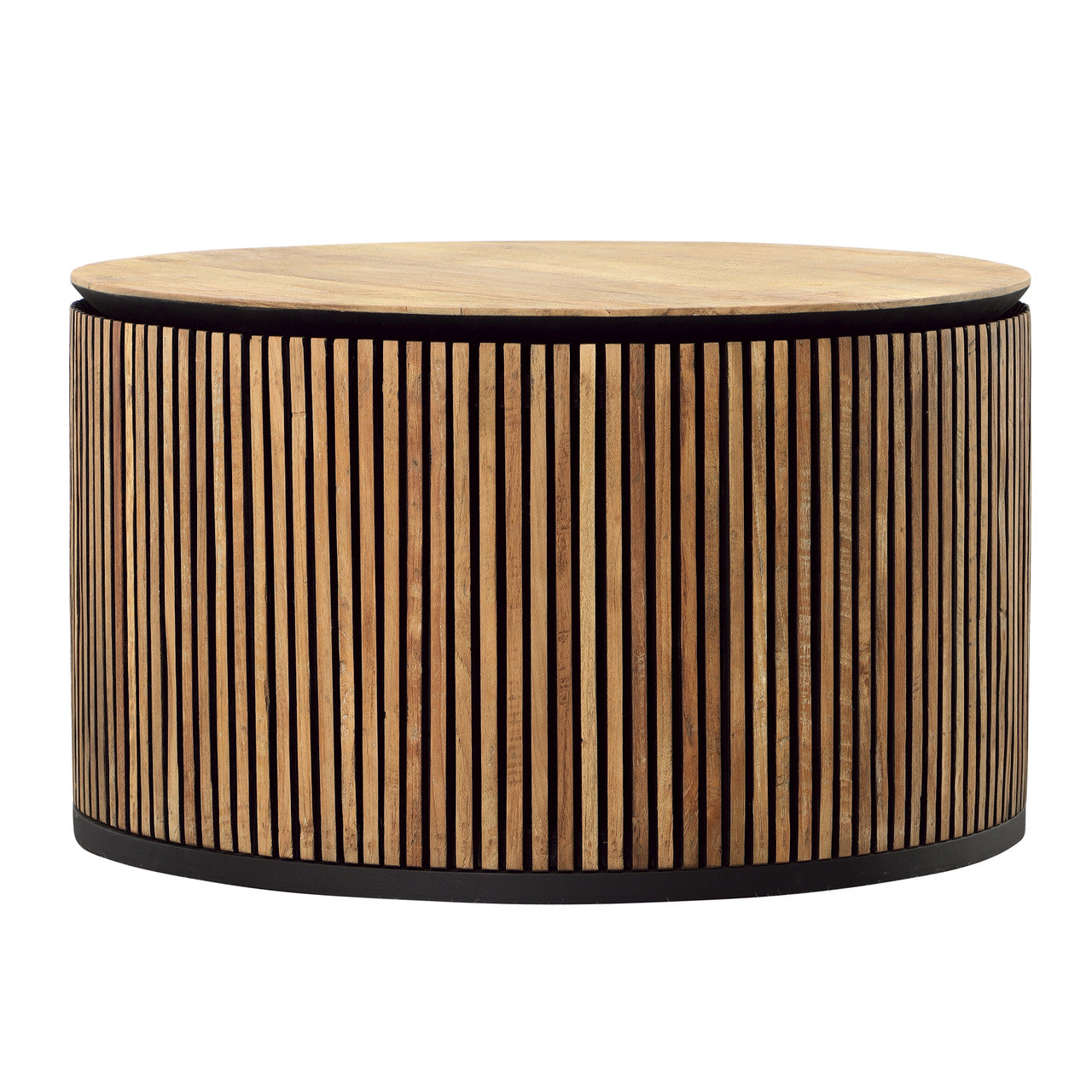 Kholman 23.5" Round Natural Teak Wood and Black Iron Coffee Table
