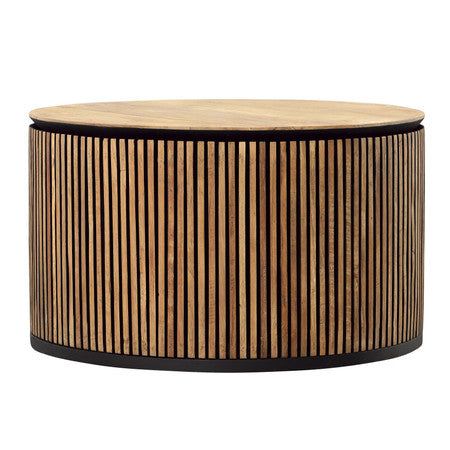Kholman 23.5" Round Natural Teak Wood and Black Iron Coffee Table