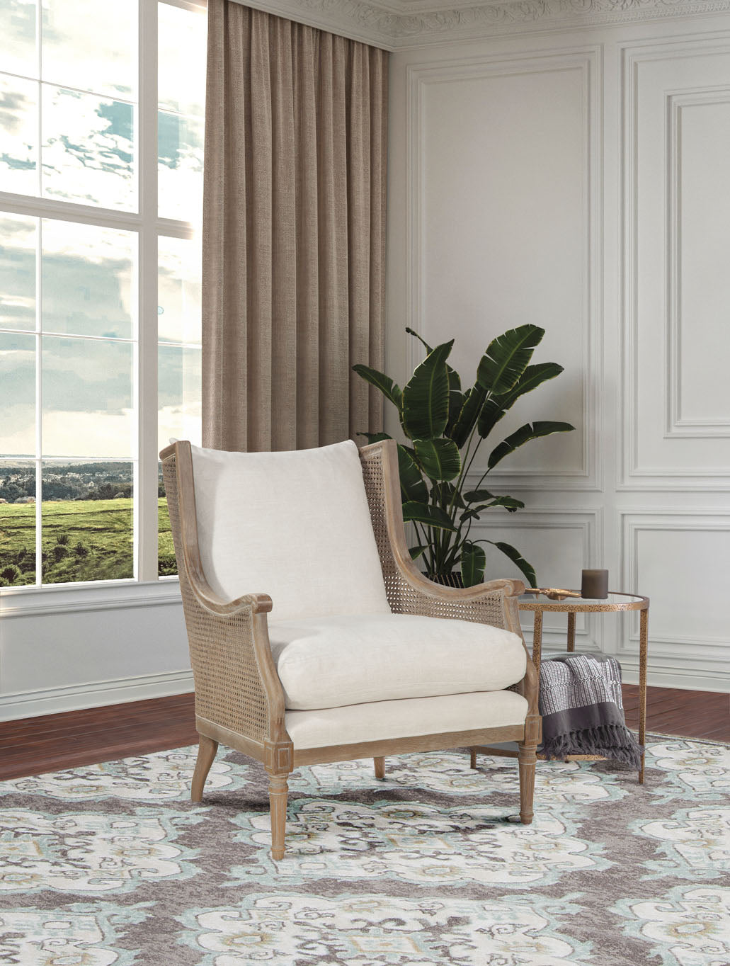 Walker Cane Back Chair in Borneo Light Brown (Performance Fabric) and Natural Finish
