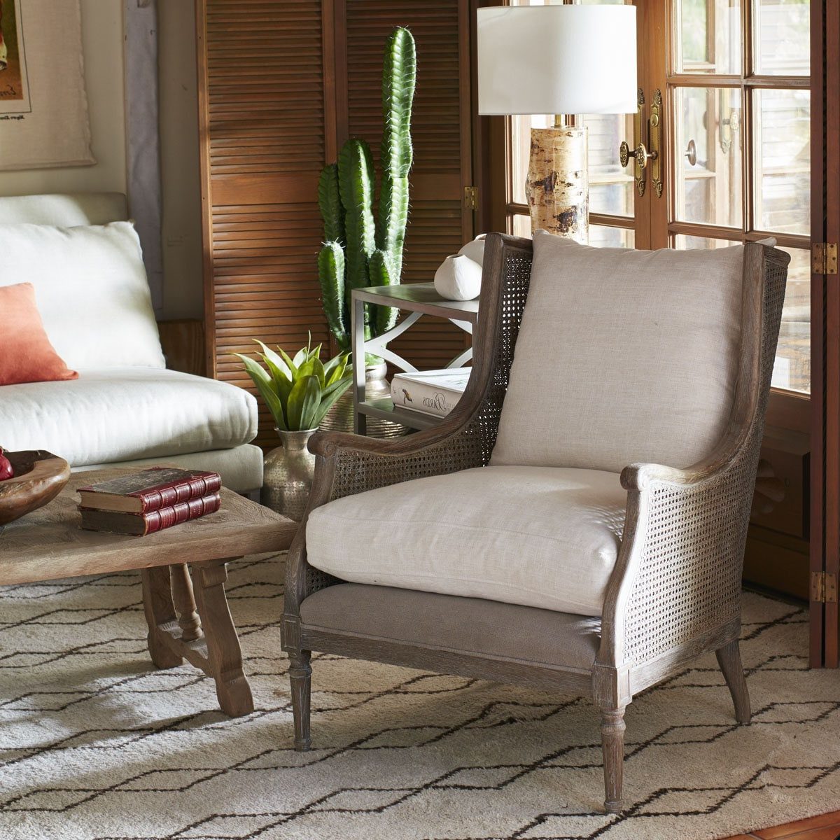 Walker Cane Back Chair in Borneo Light Brown (Performance Fabric) and Natural Finish