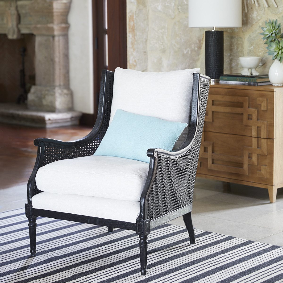 Walker Cane Back Chair in Borneo Light Brown (Performance Fabric) and Black Finish