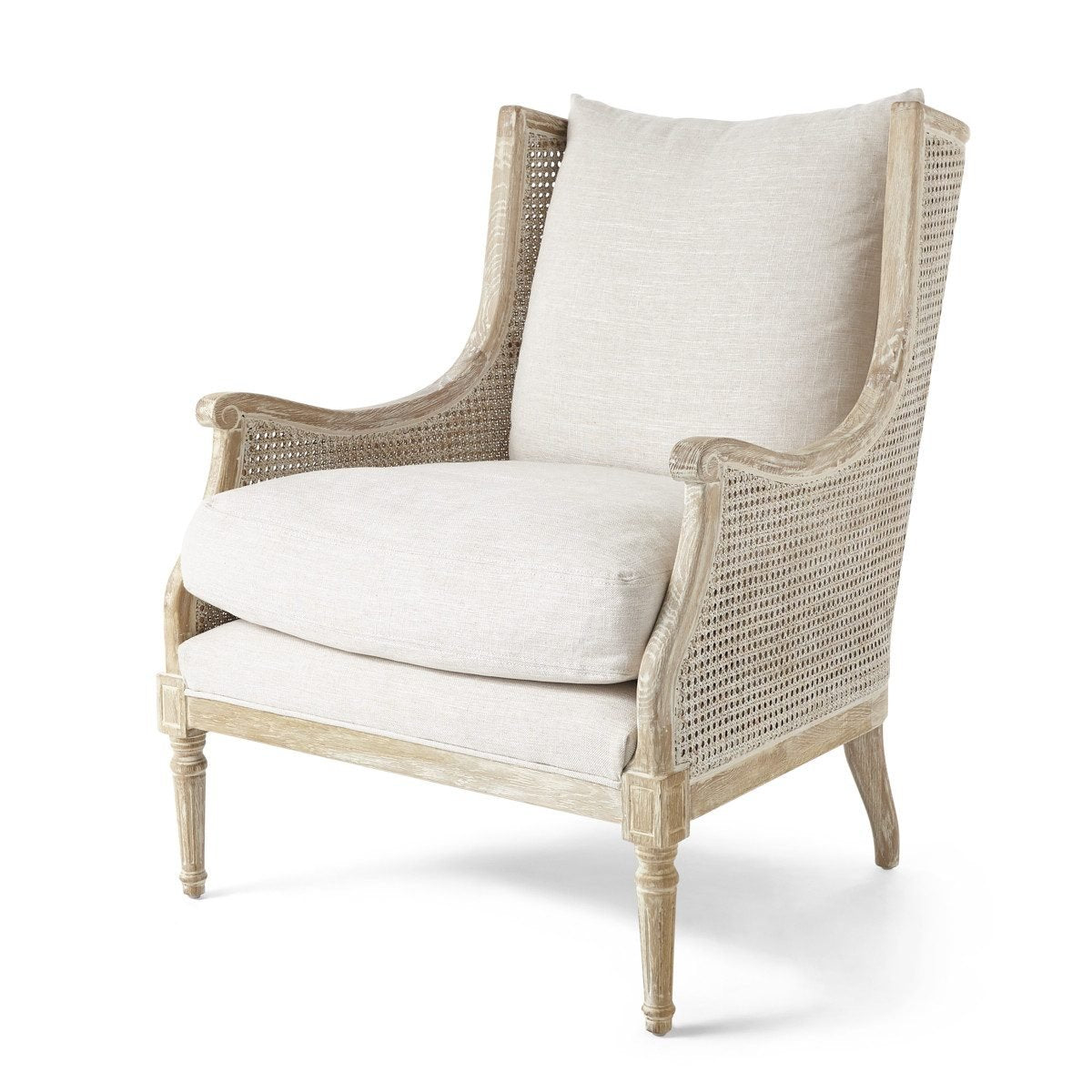 Walker Cane Back Chair in Borneo Light Brown (Performance Fabric) and White Wash Finish
