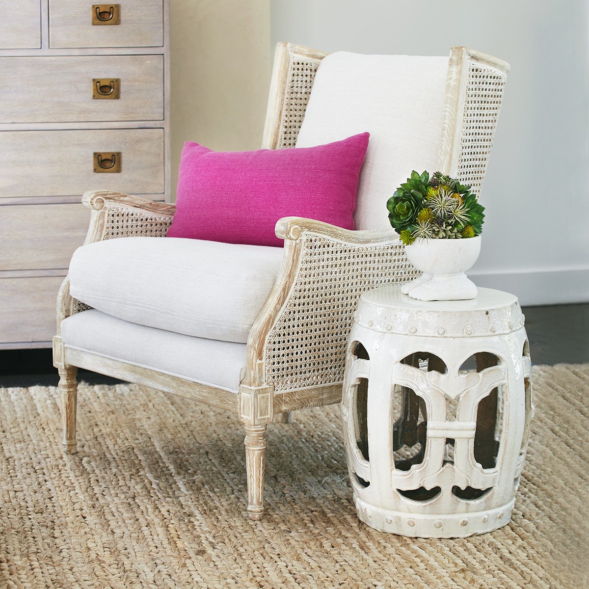 Walker Cane Back Chair in Borneo Light Brown (Performance Fabric) and White Wash Finish