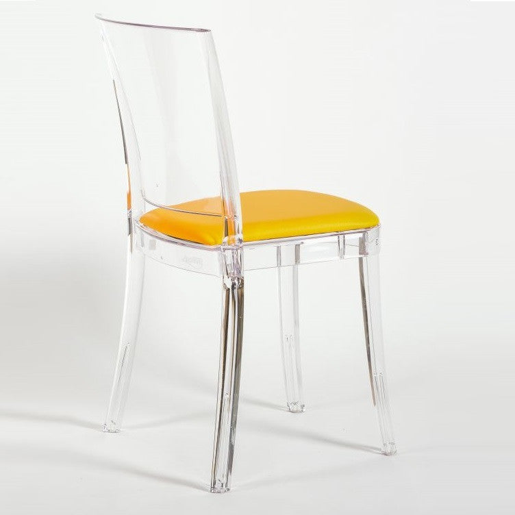 Cristalia Transparent Dining Chair With Yellow Leather Seat