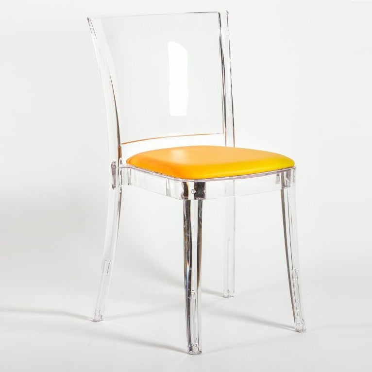 Cristalia Transparent Dining Chair With Yellow Leather Seat