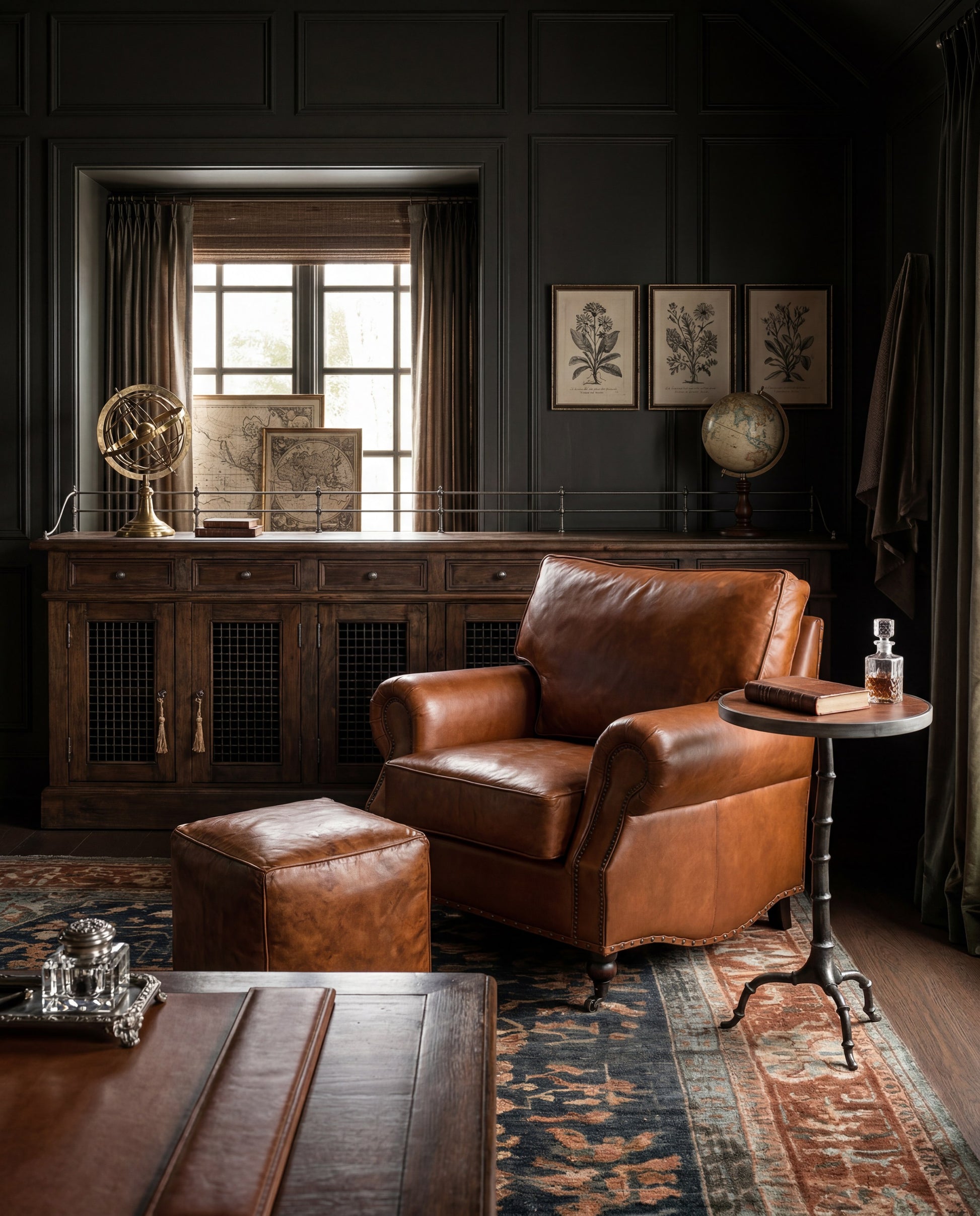 Sunday Afternoon Leather Cube,Natural styled in a Sarreid room setting | ZIN Home