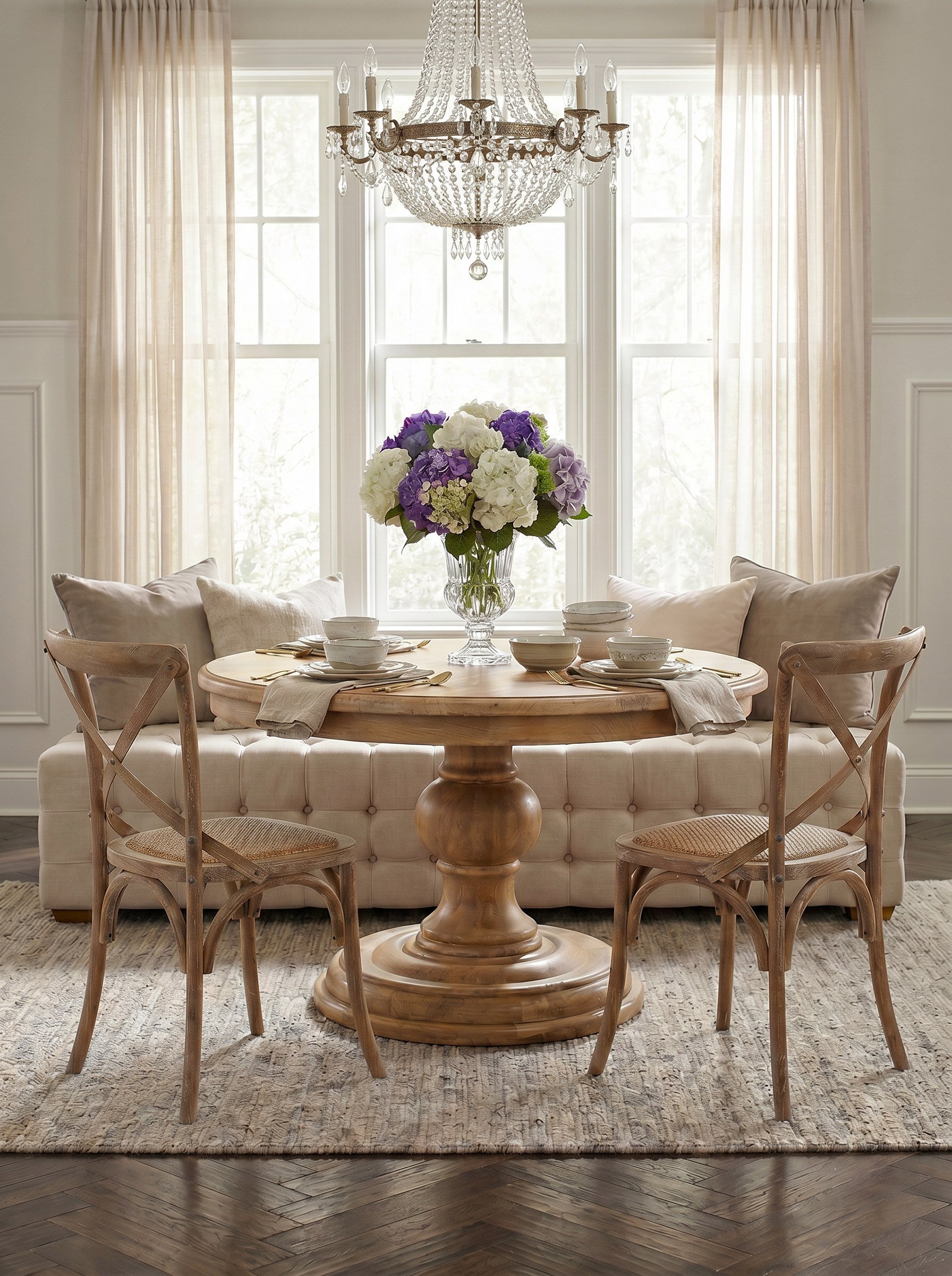 Beam Bench, Tufted Beige Linen styled in a Sarreid room setting | ZIN Home
