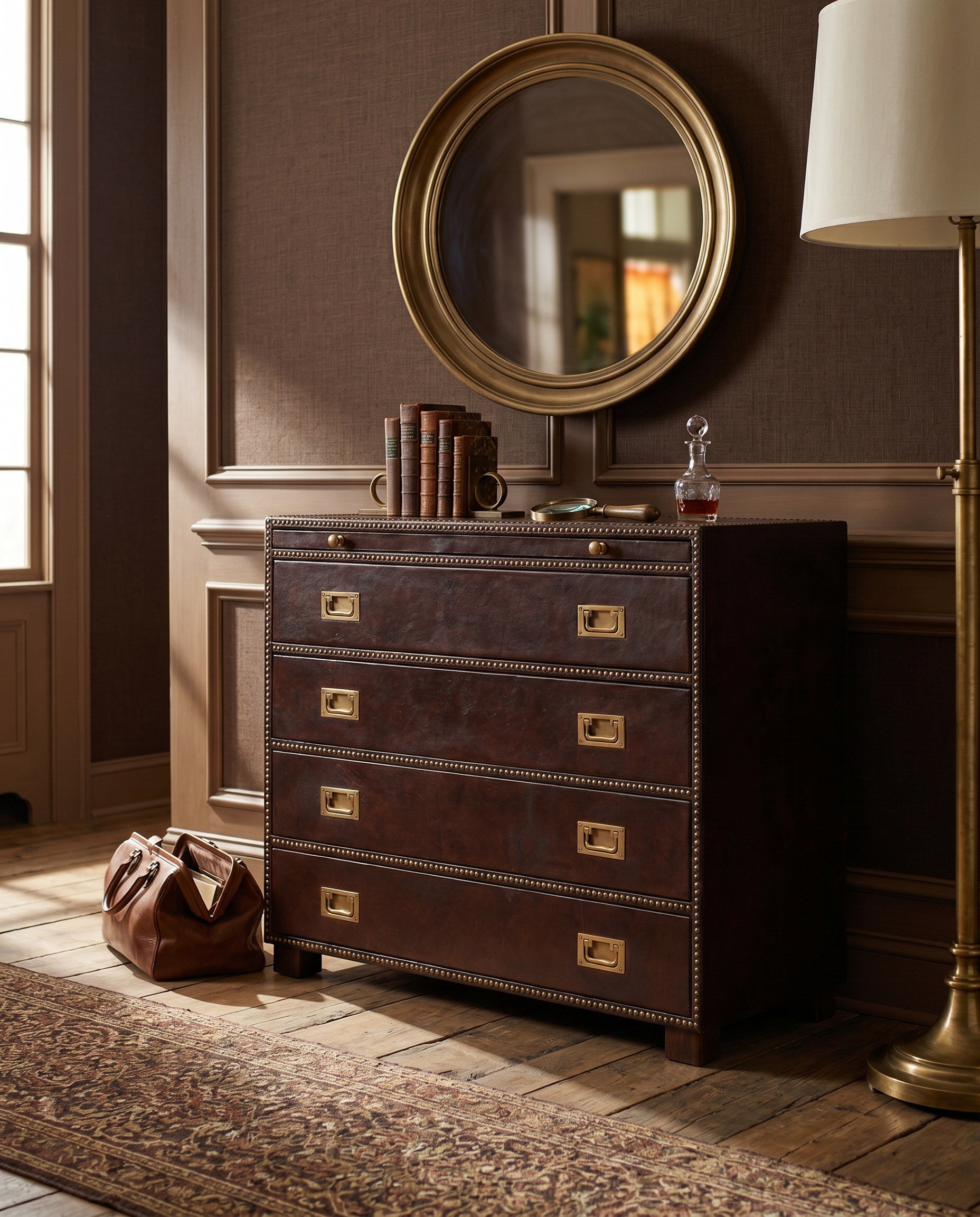 Studded Gentleman's Chest styled in a Sarreid room setting | ZIN Home