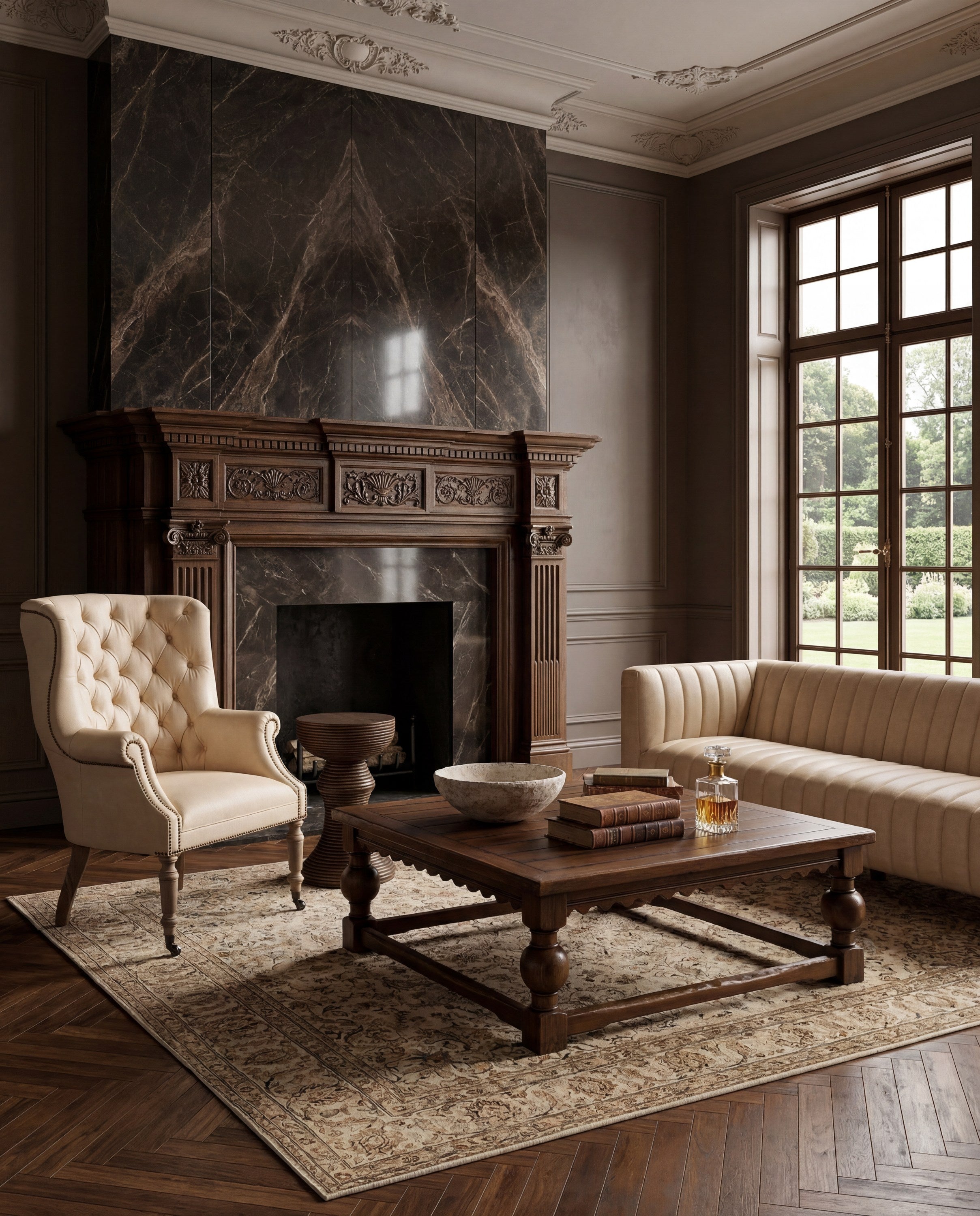 Welsh Cappuccino Leather Chair styled in a Sarreid room setting | ZIN Home