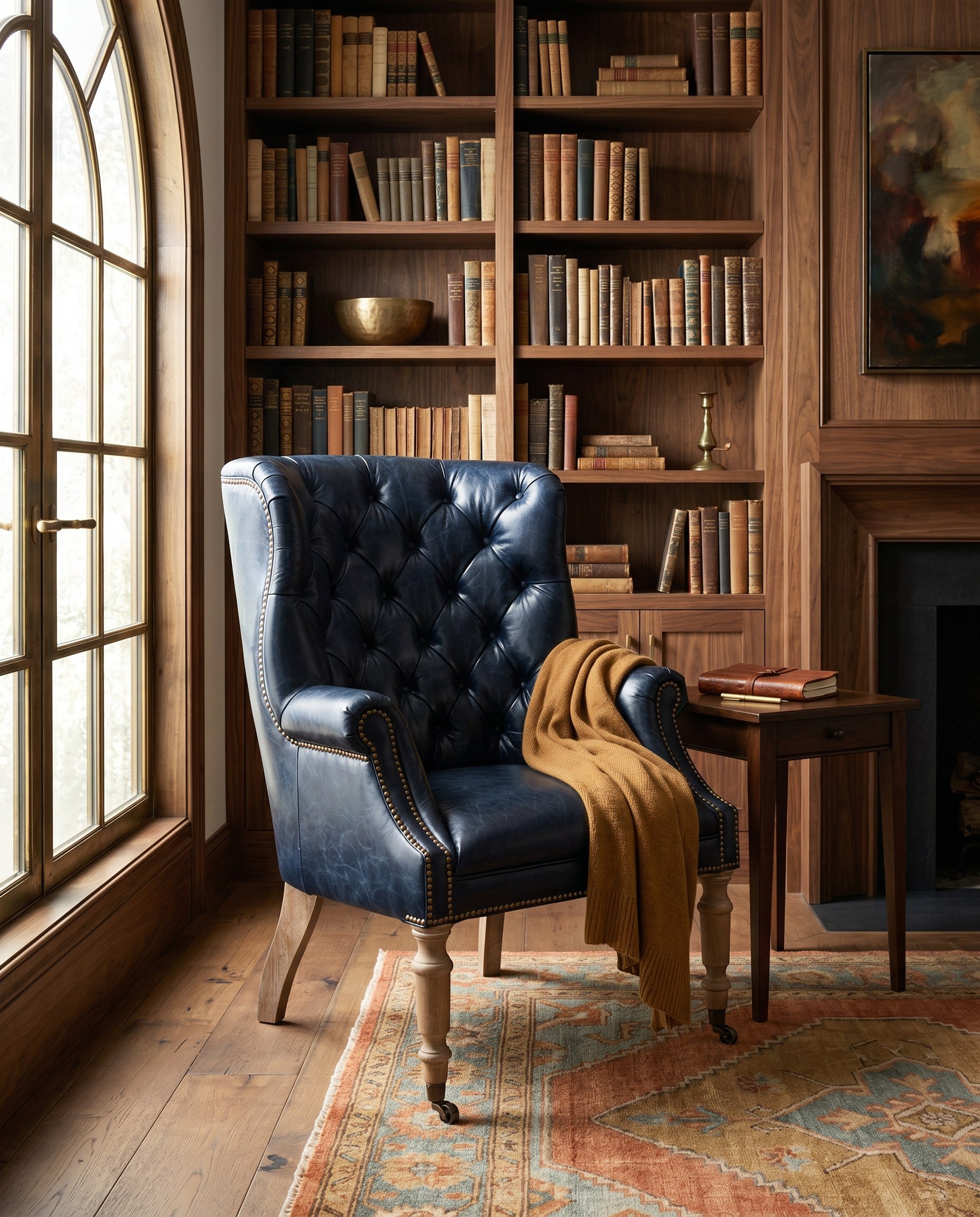Welsh Blue Leather Chair styled in a Sarreid room setting | ZIN Home
