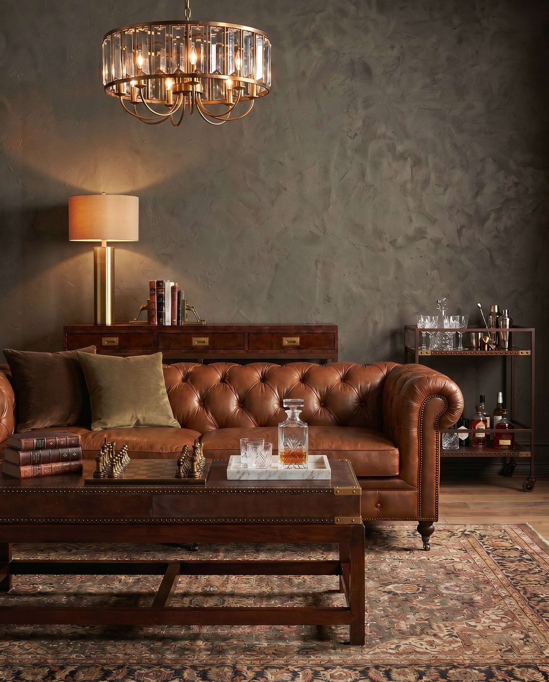 Castered Chesterfield Sofa styled in a Sarreid room setting | ZIN Home