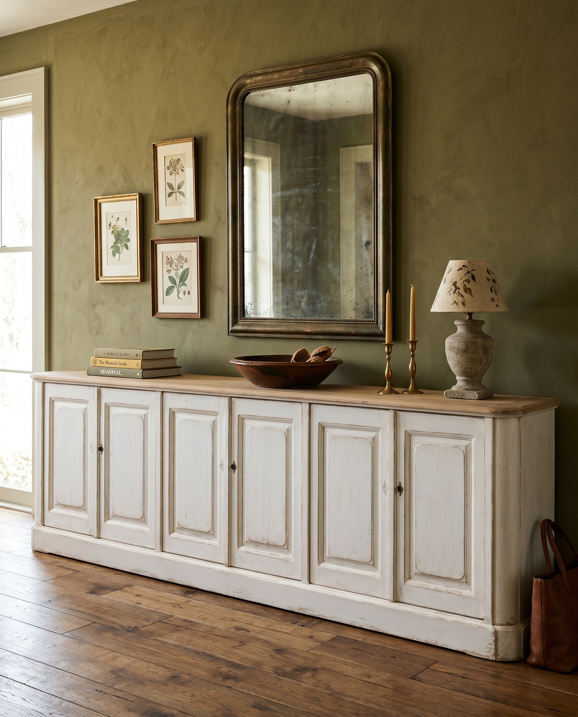 Antique Whitewash Sideboard, 6 Door styled in a Sarreid room setting | ZIN Home