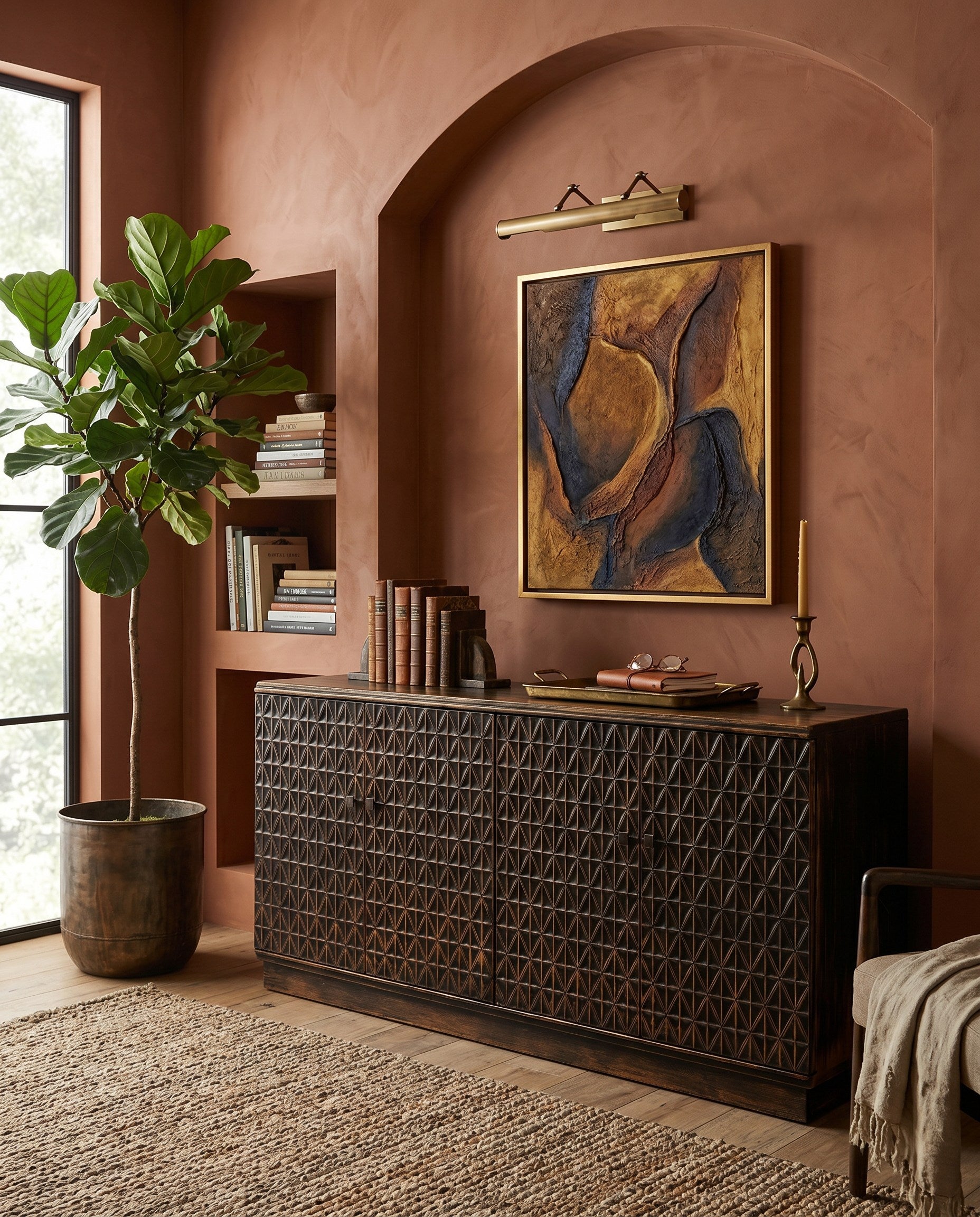 Scrubboard Front Sideboard, Ebony styled in a Sarreid room setting | ZIN Home