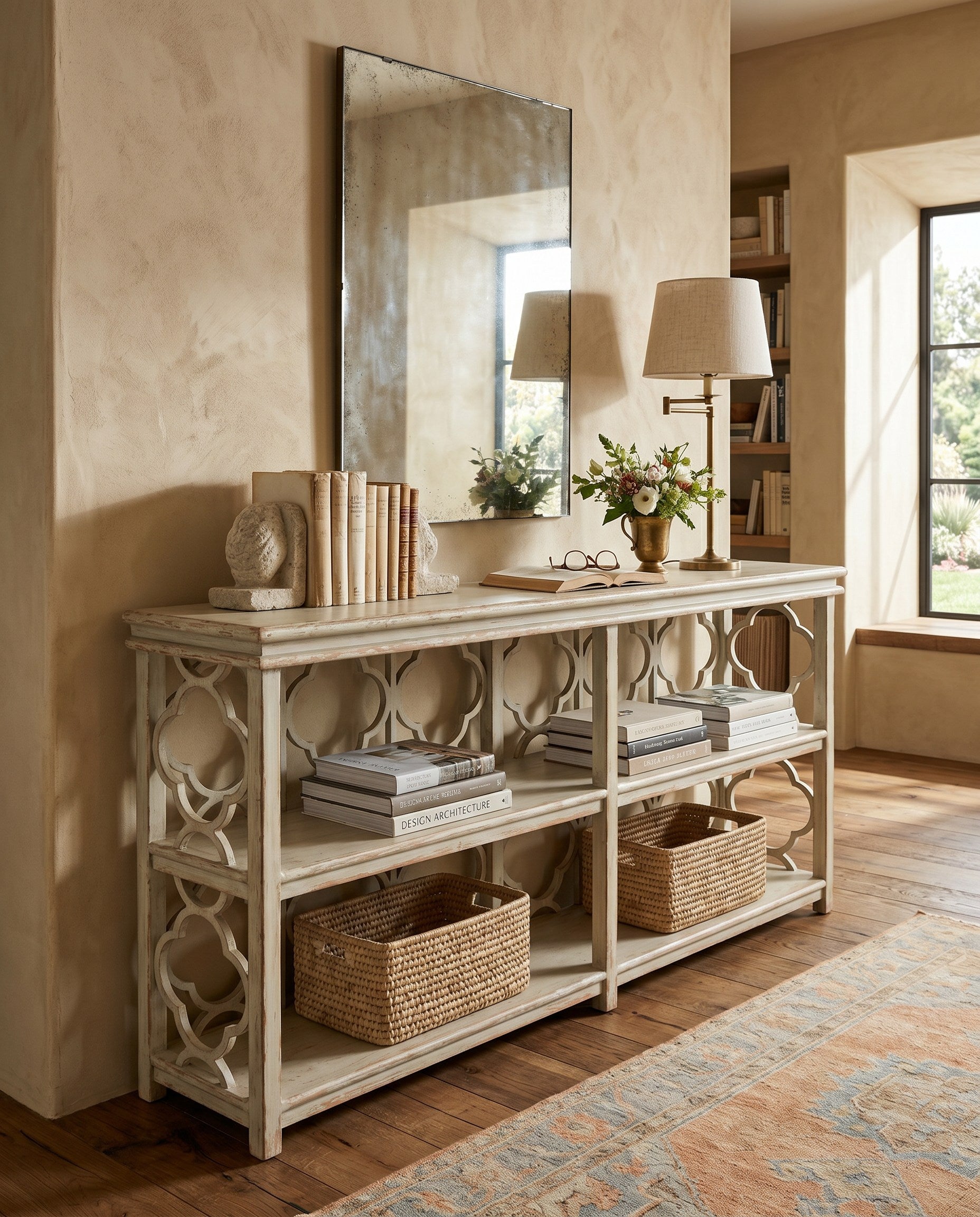 Quatrefoil Bookshelf Console Table styled in a Sarreid room setting | ZIN Home
