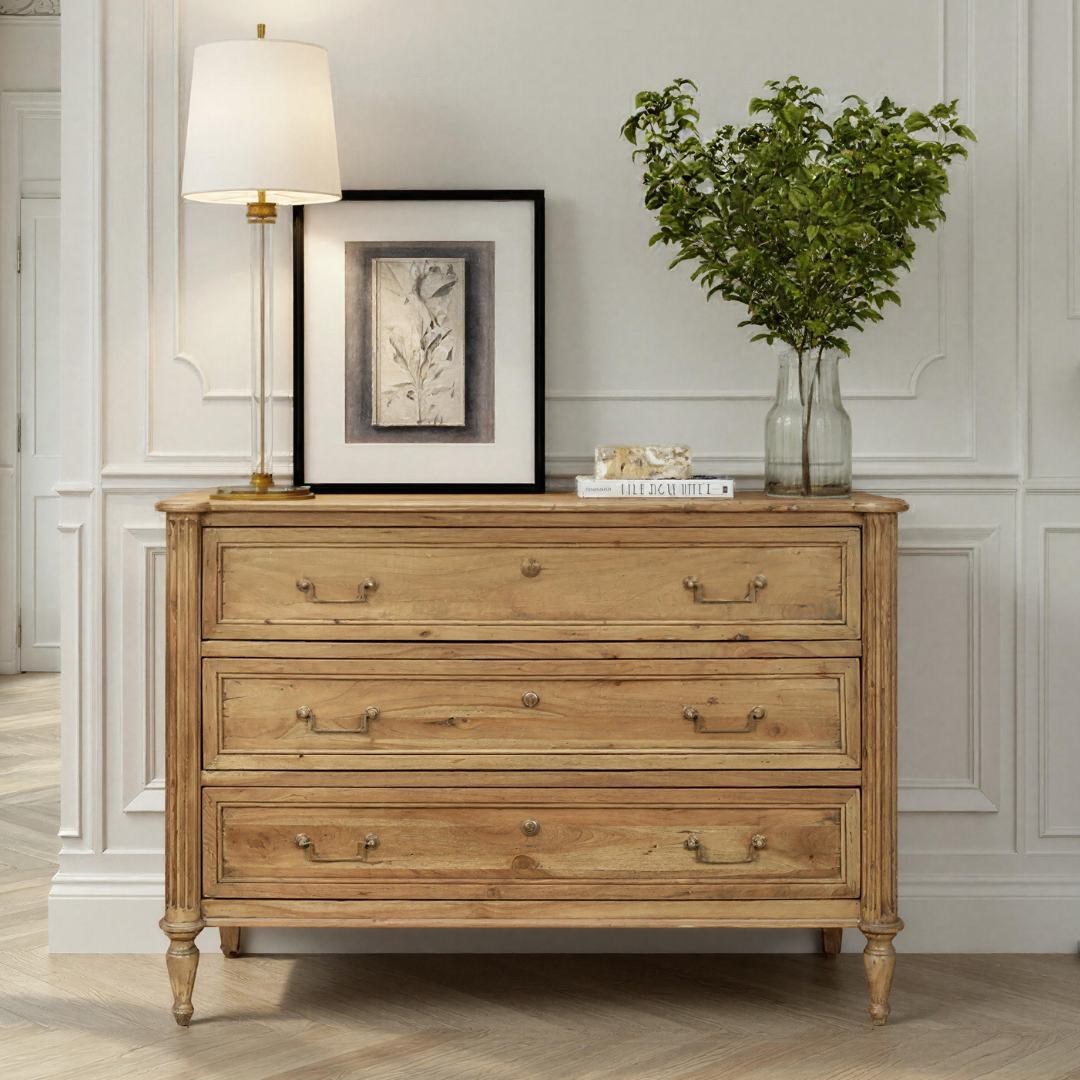 Chamberlain Chest Of Drawers, Driftwood styled in a Sarreid room setting | ZIN Home