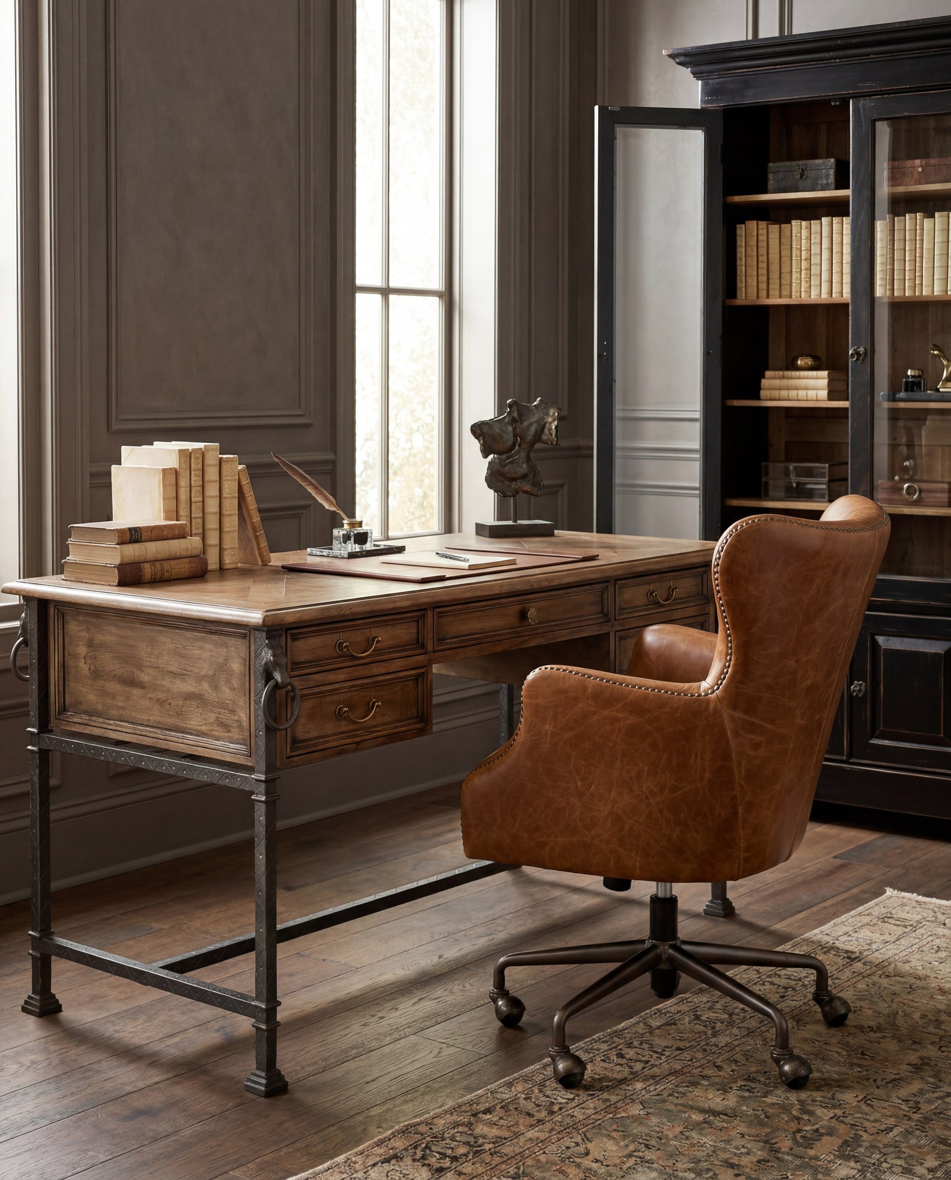 Andrew Jackson Desk Chair, Cuba Brown styled in a Sarreid room setting | ZIN Home