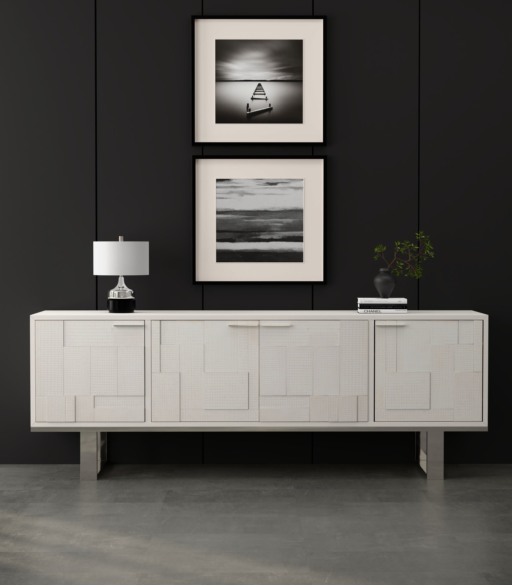 Bronzini Credenza, Embossed White styled in a Sarreid room setting | ZIN Home