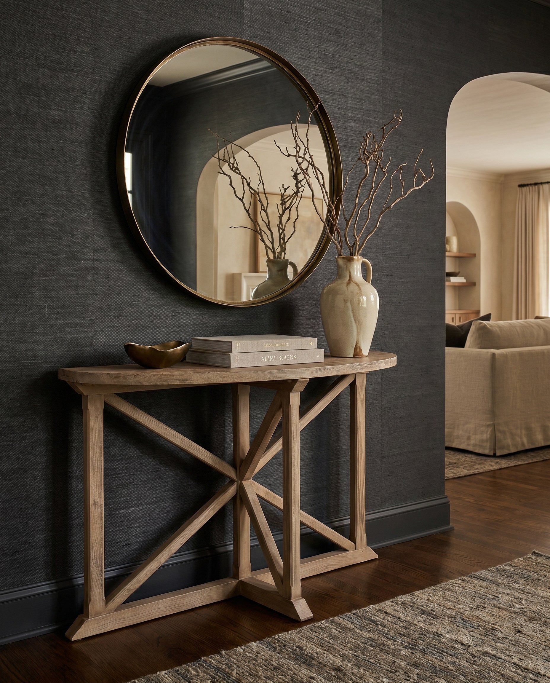 Gregorio Vineyards Half Moon Console styled in a Sarreid room setting | ZIN Home