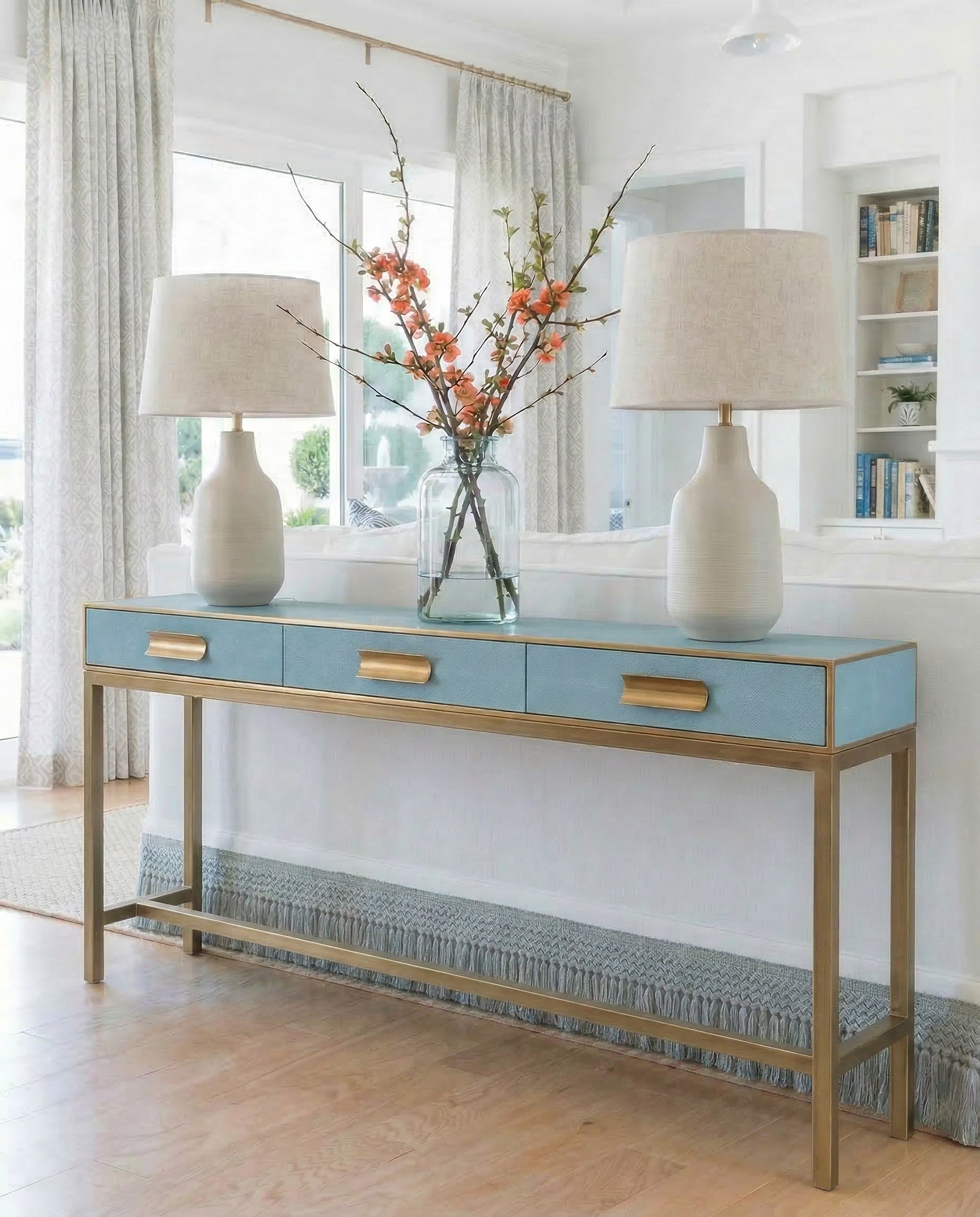 Gideon Shagreen Console, Chambray Blue styled in a Sarreid room setting | ZIN Home