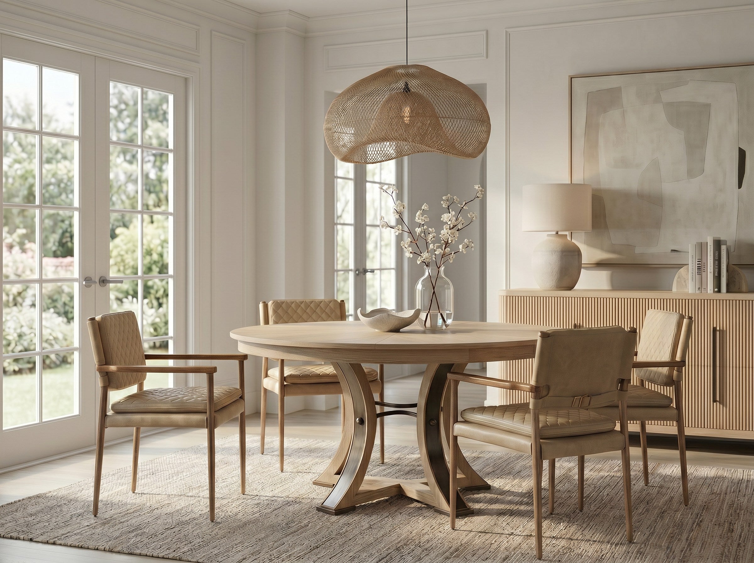 Tower Jupe Dining Table,Med,Bleached Oak styled in a Sarreid room setting | ZIN Home