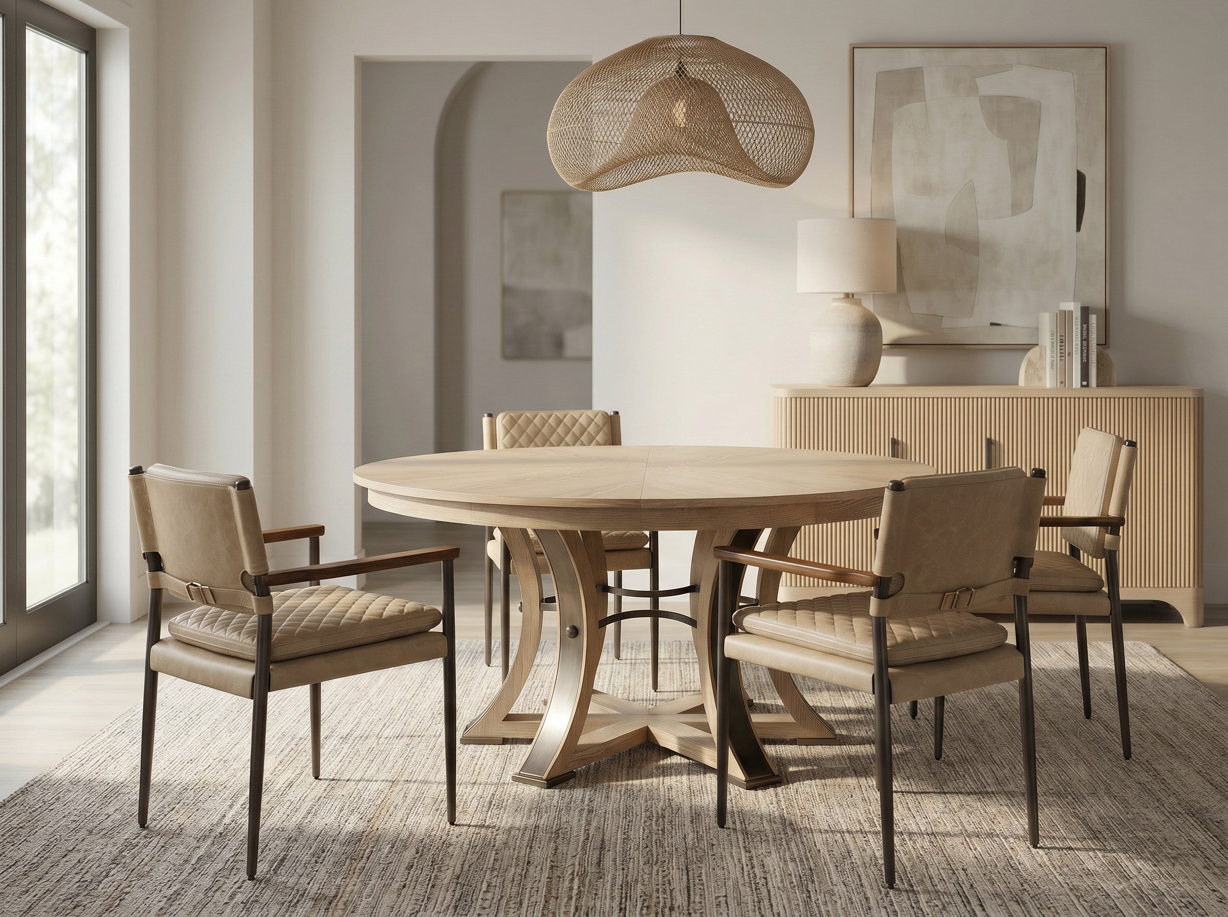 Tower Jupe Dining Table,Lrg,Bleached Oak styled in a Sarreid room setting | ZIN Home