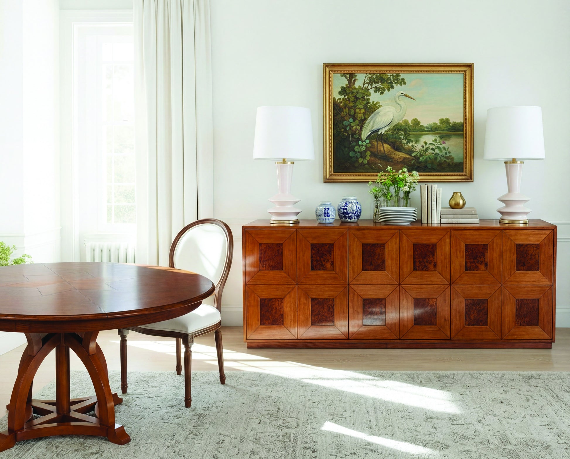 Austin Jupe Dining Table,Medium,Walnut styled in a Sarreid room setting | ZIN Home