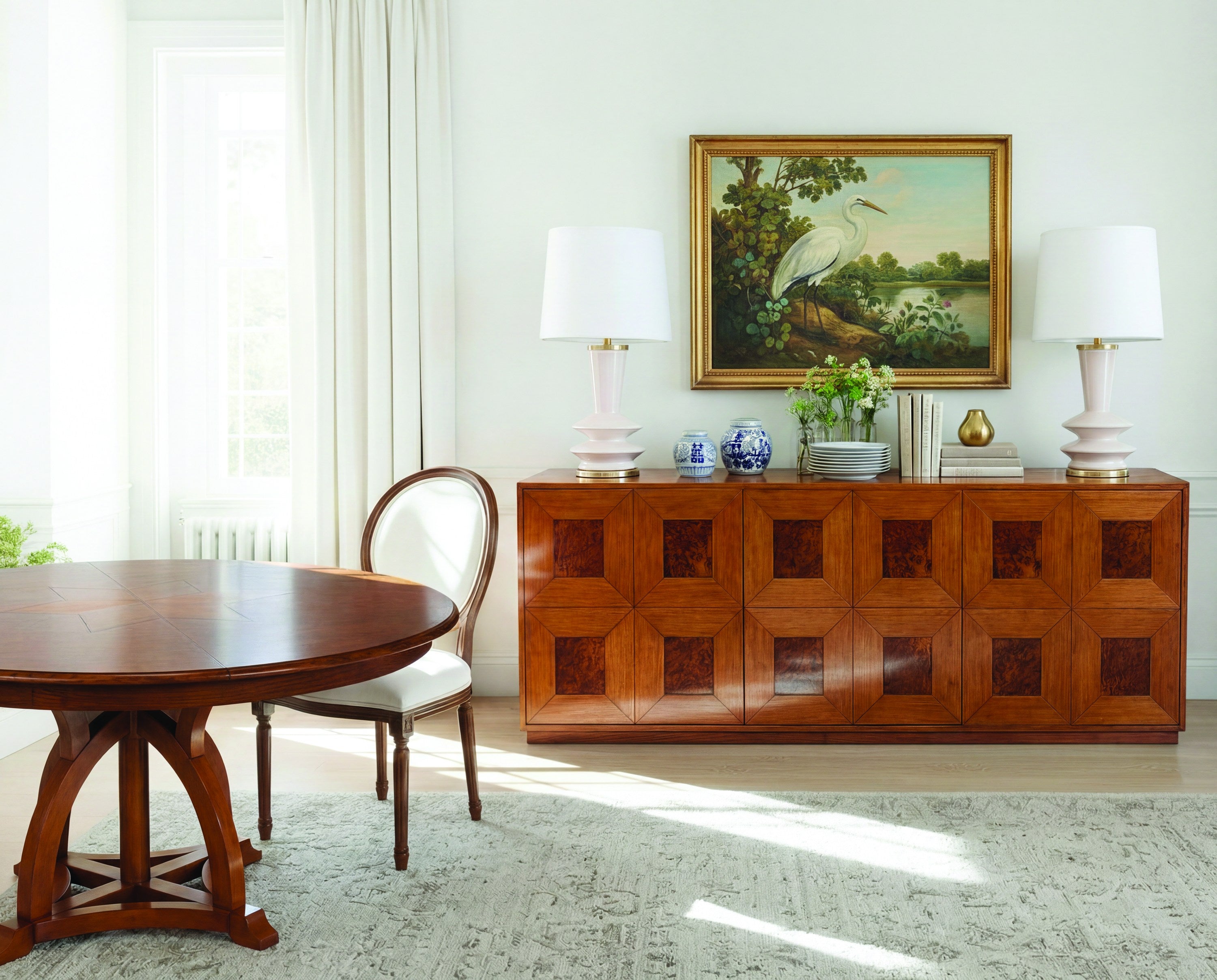 Austin Jupe Dining Table,Medium,Walnut styled in a Sarreid room setting | ZIN Home