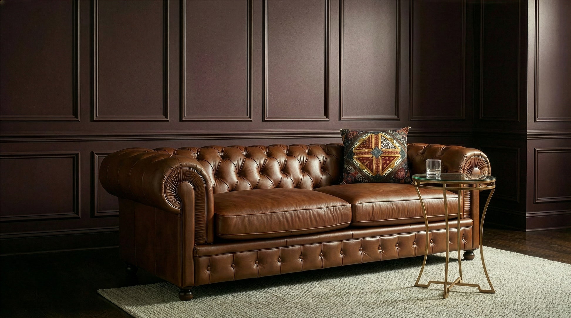 Savile Leather Sofa, Marseile Dark Brown styled in a Sarreid room setting | ZIN Home