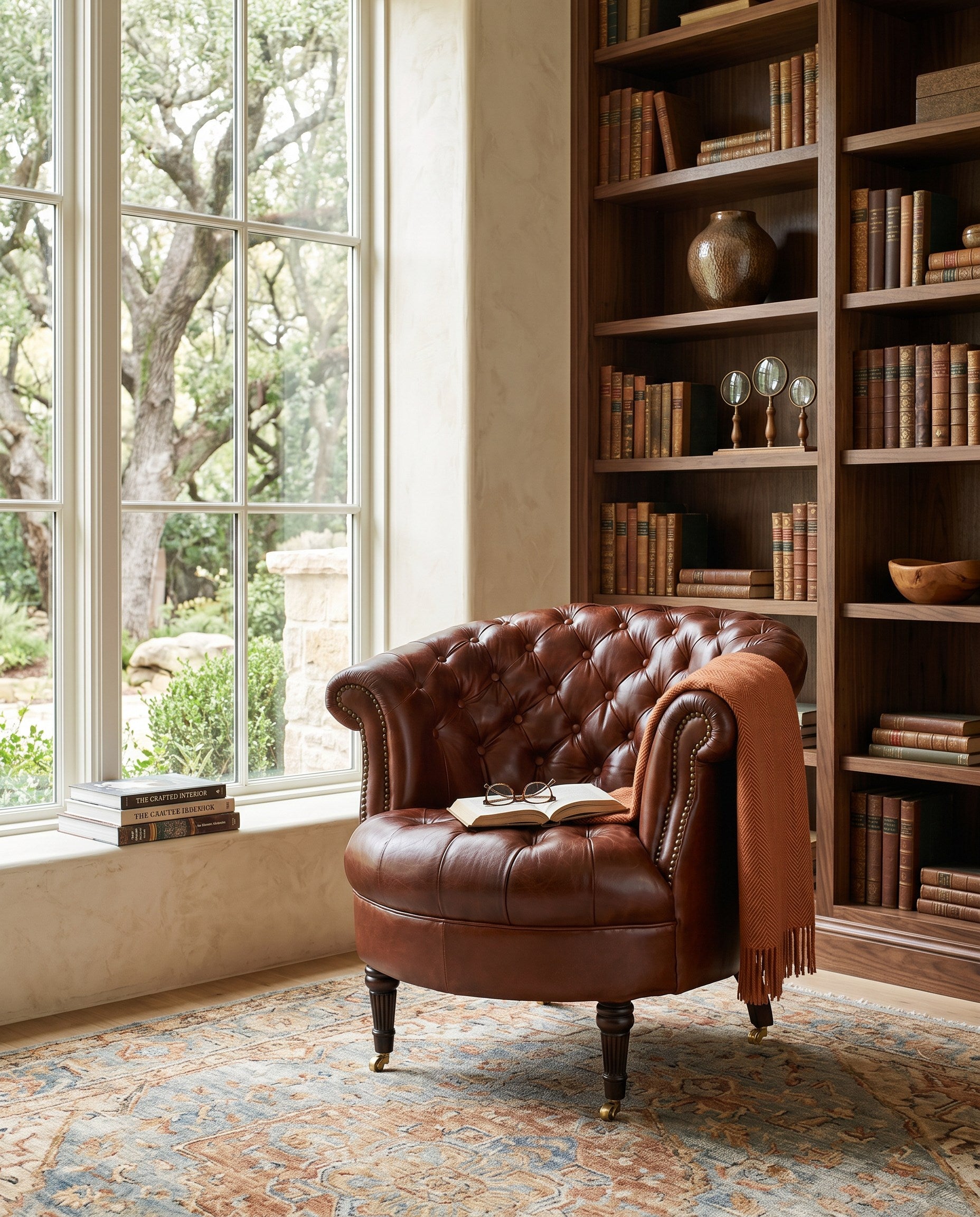 Bastian Armchair, Newark Brown Leather styled in a Sarreid room setting | ZIN Home