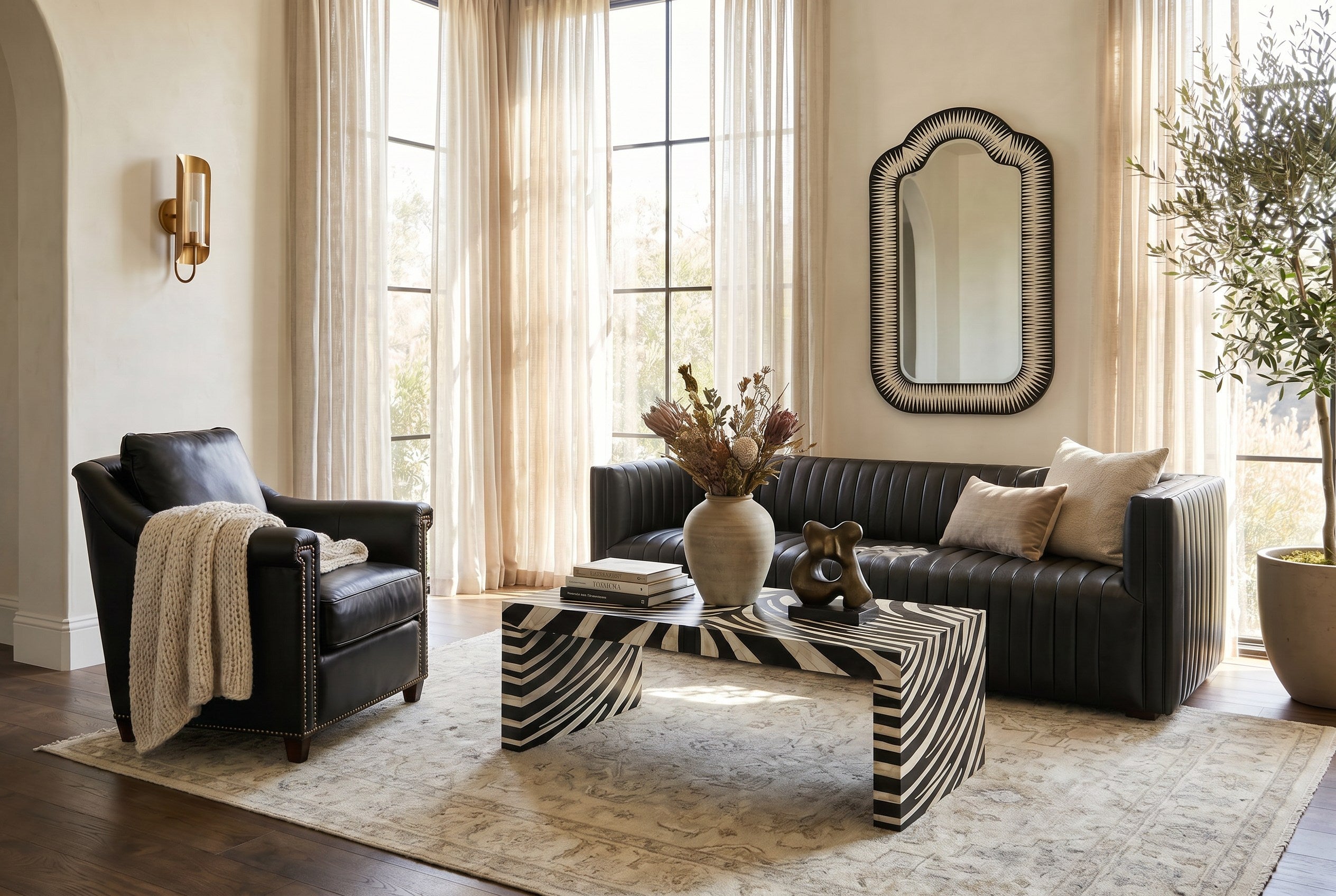 Meridian Bone Inlay Mirror styled in a Sarreid room setting | ZIN Home