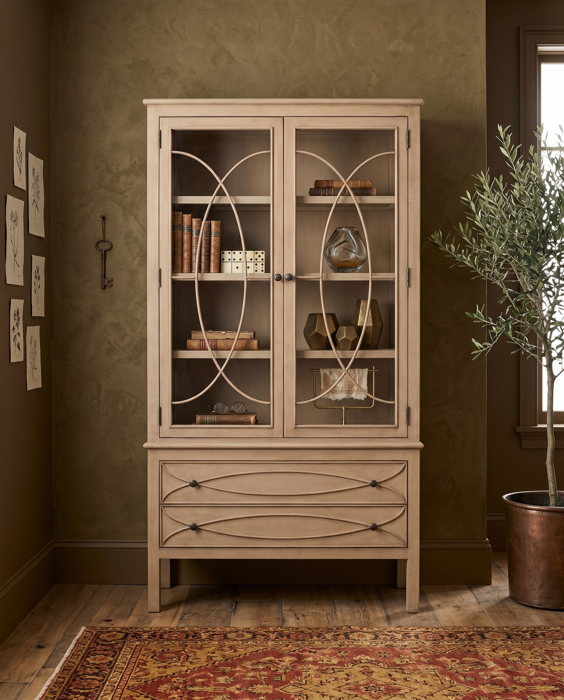 Cecile Bookcase, Beige styled in a Sarreid room setting | ZIN Home