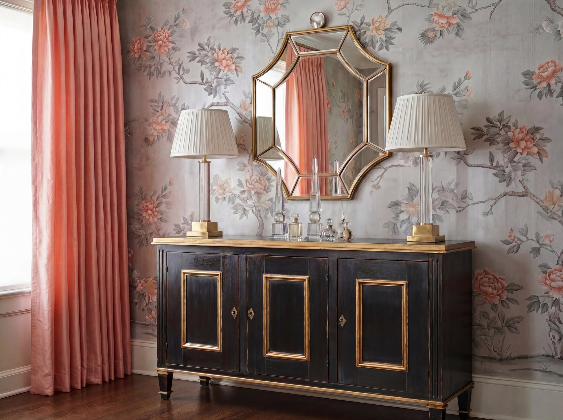 Louis Xvi Buffet,Powder Black W/Gold styled in a Sarreid room setting | ZIN Home