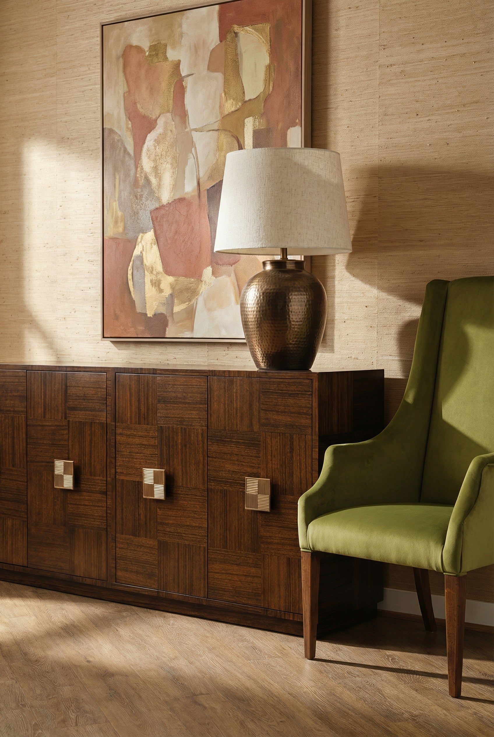 Captains Chair,Noce Anticato,Green Velve styled in a Sarreid room setting | ZIN Home