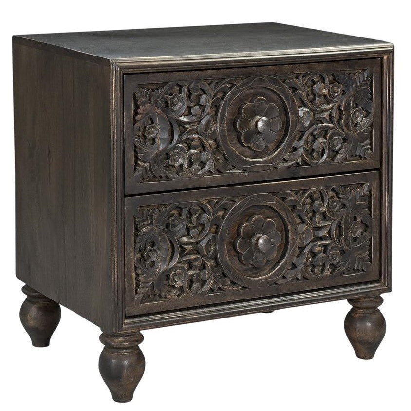 Andalusia Vintage Brown Handcarved 2 Drawer Nightstand