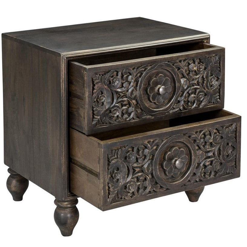 Andalusia Vintage Brown Handcarved 2 Drawer Nightstand