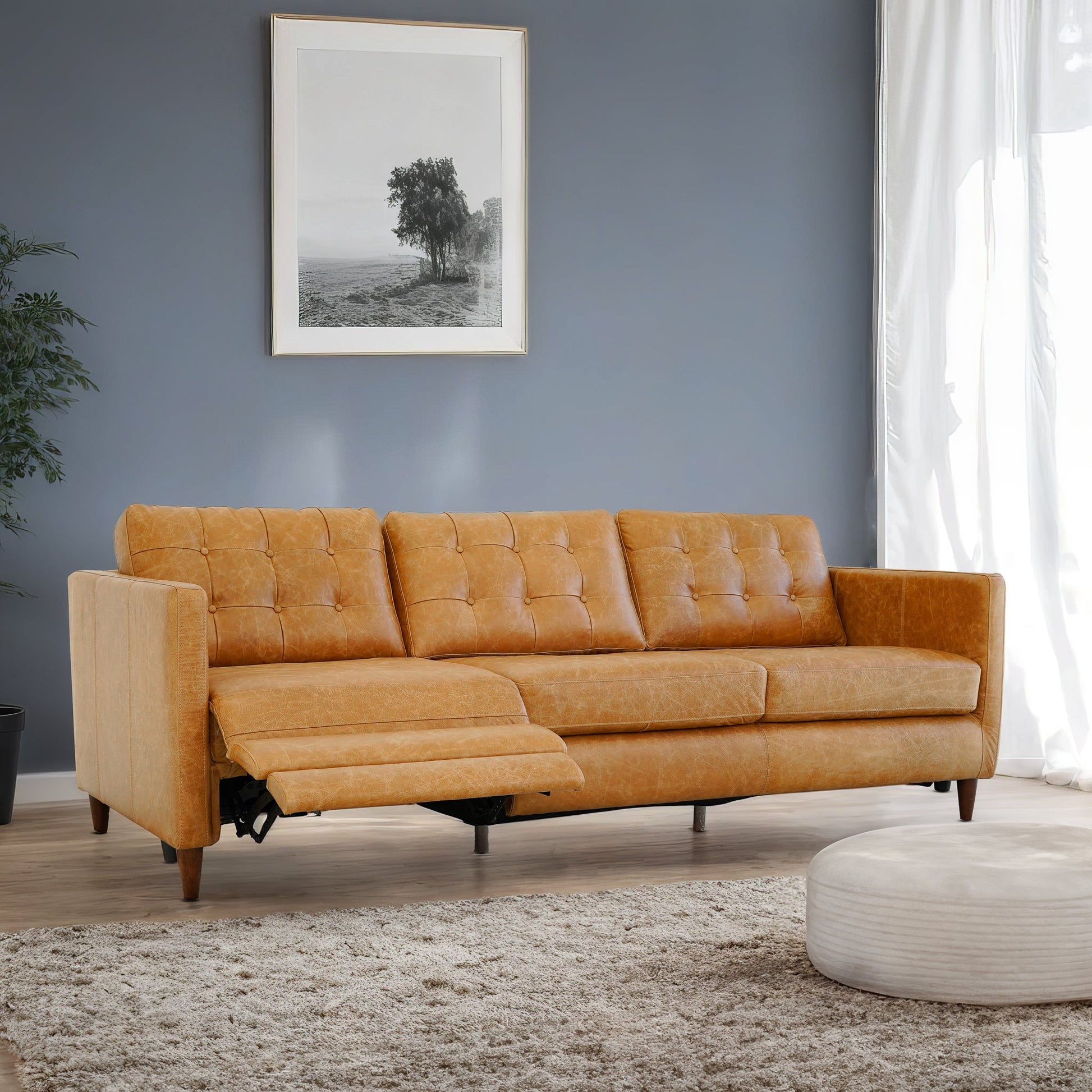 Christopher Tan Leather Electric Inclining Sofa | Right Facing Power Recliner Couch