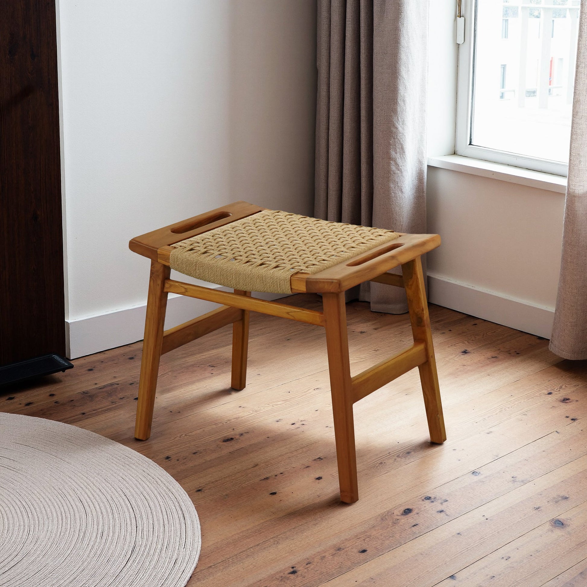 Grit Rustic Solid Wood Loom Stool | Mid-Century Modern Woven Accent Seating