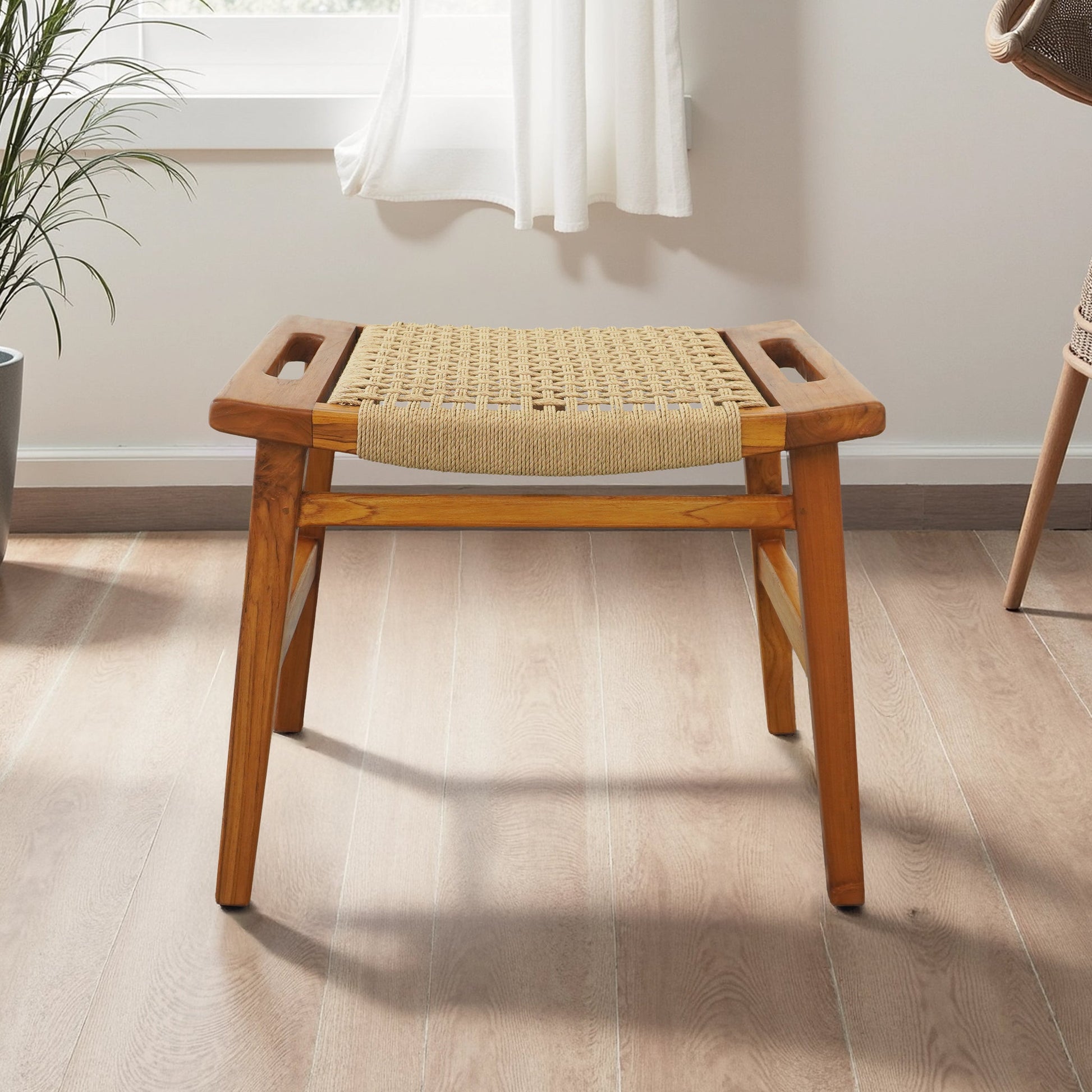 Grit Rustic Solid Wood Loom Stool | Mid-Century Modern Woven Accent Seating