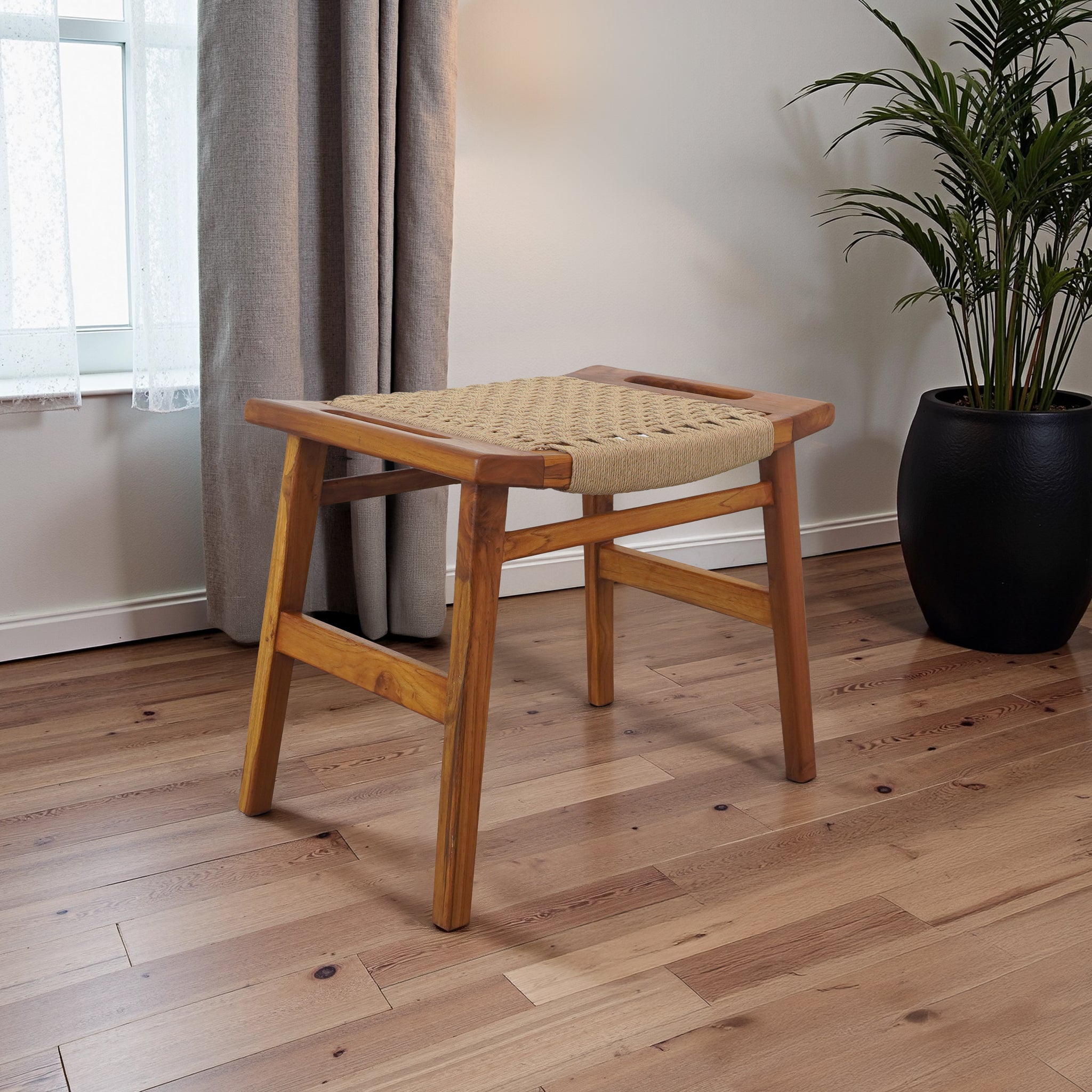 Grit Rustic Solid Wood Loom Stool | Mid-Century Modern Woven Accent Seating
