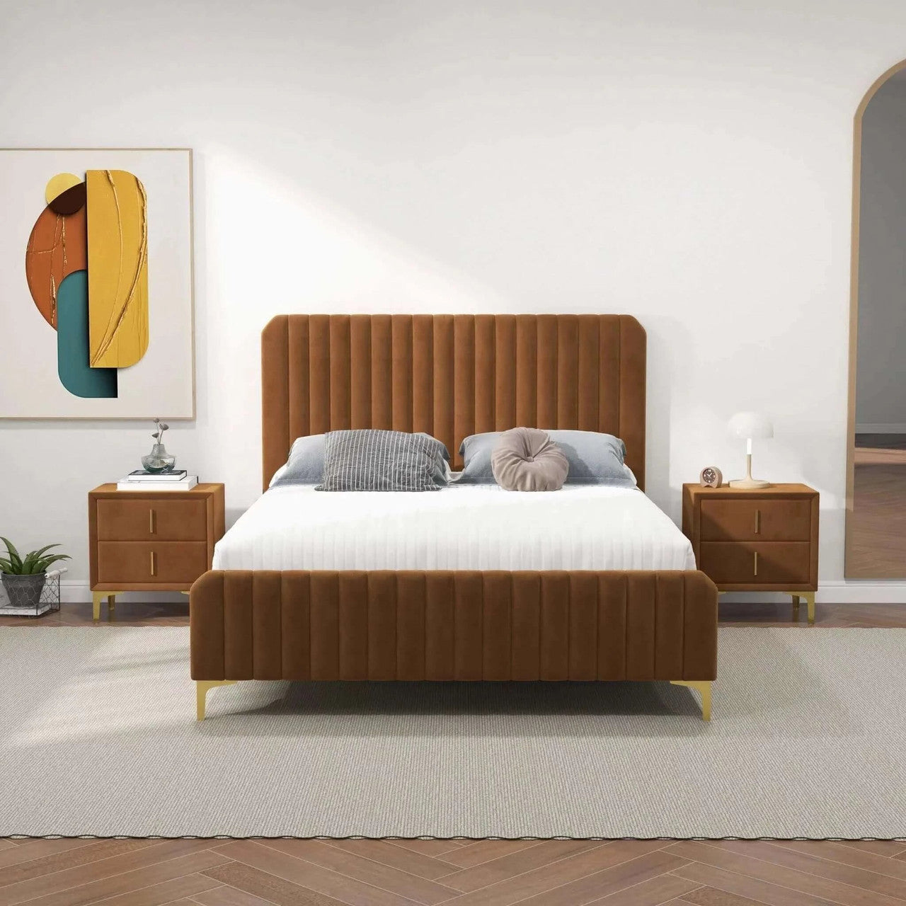 Bethany Velvet Upholstered Platform Bed Queen - Cognac