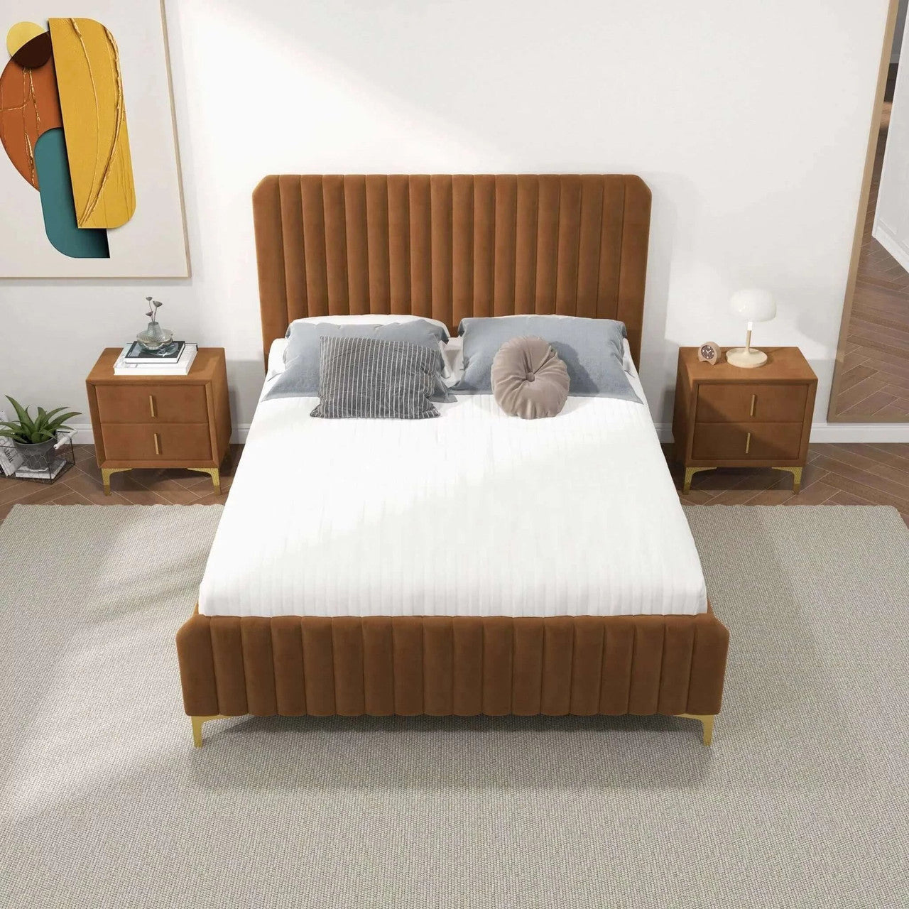 Bethany Velvet Upholstered Platform Bed Queen - Cognac