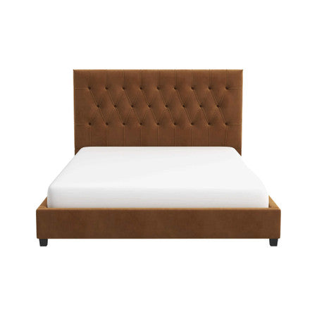 Donald Mid Century Modern Cognac Velvet Platform Bed King - 76.1"