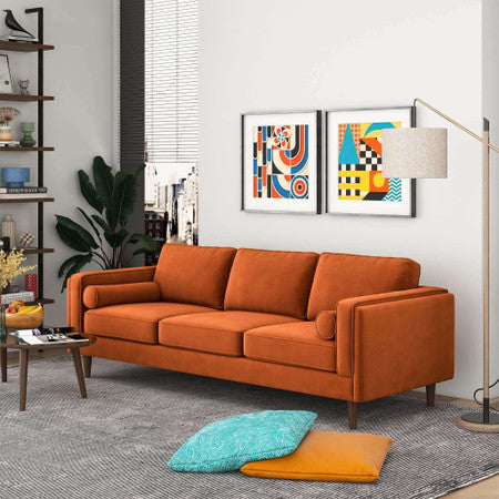 Amber Mid Century Modern Burnt Orange Luxury Modern Velvet Sofa - 86"